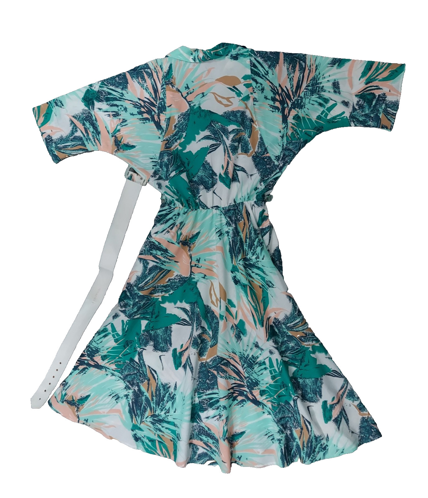 Vintage 80s Caliche Abstract Shirt Dress Belted Teal Button Front Midi Sz 8