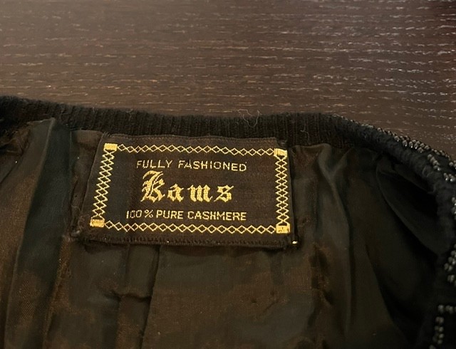 Vtg 50s Hi End Black Beaded CASHMERE Cardigan Silk Lined KAMS Fully Fashion M