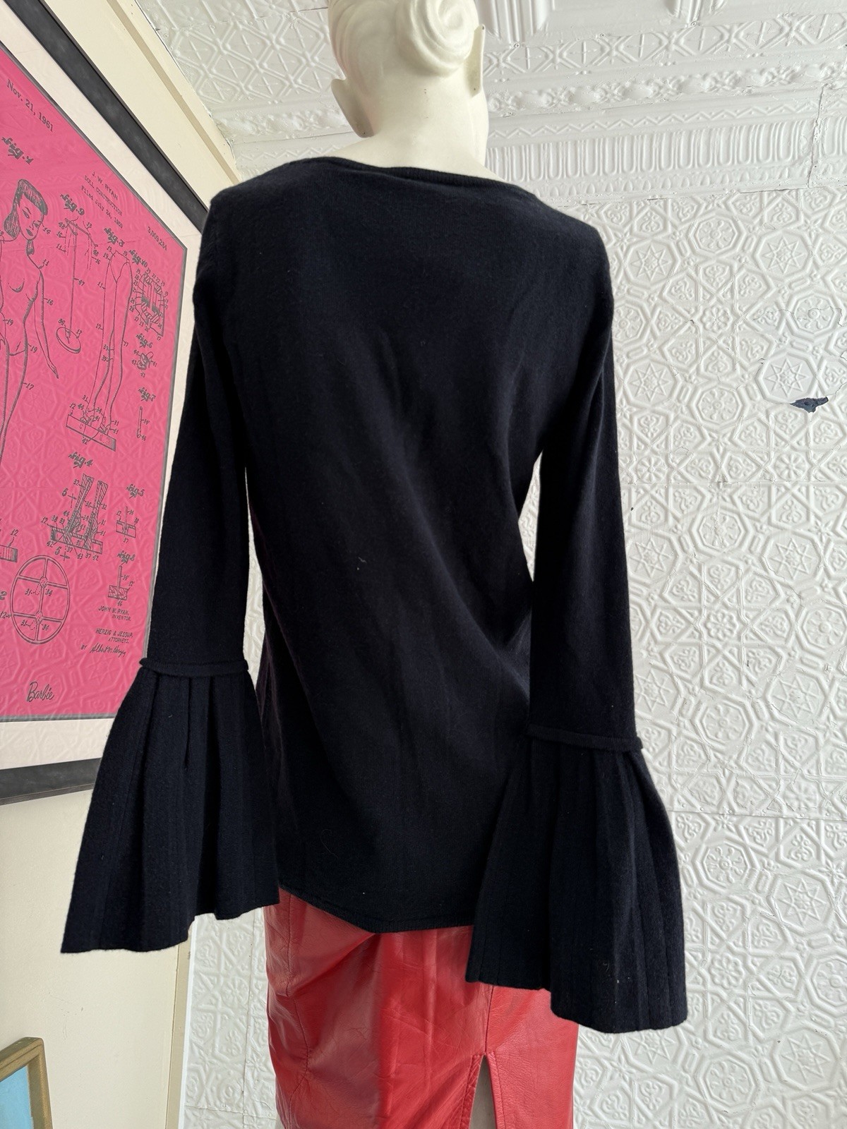 Vintage black cashmere sweater Neiman Marcus Bell sleeve tunic oversize XS