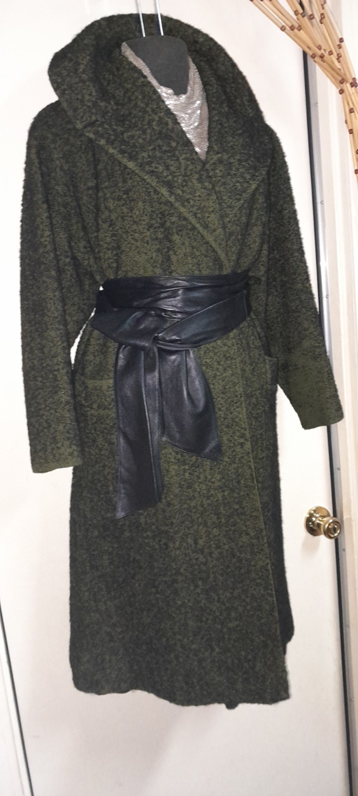 Vtg 50s 60s Green Tweed Knob Black Flecked Swing Opera Wool Shawl Collar Coat M
