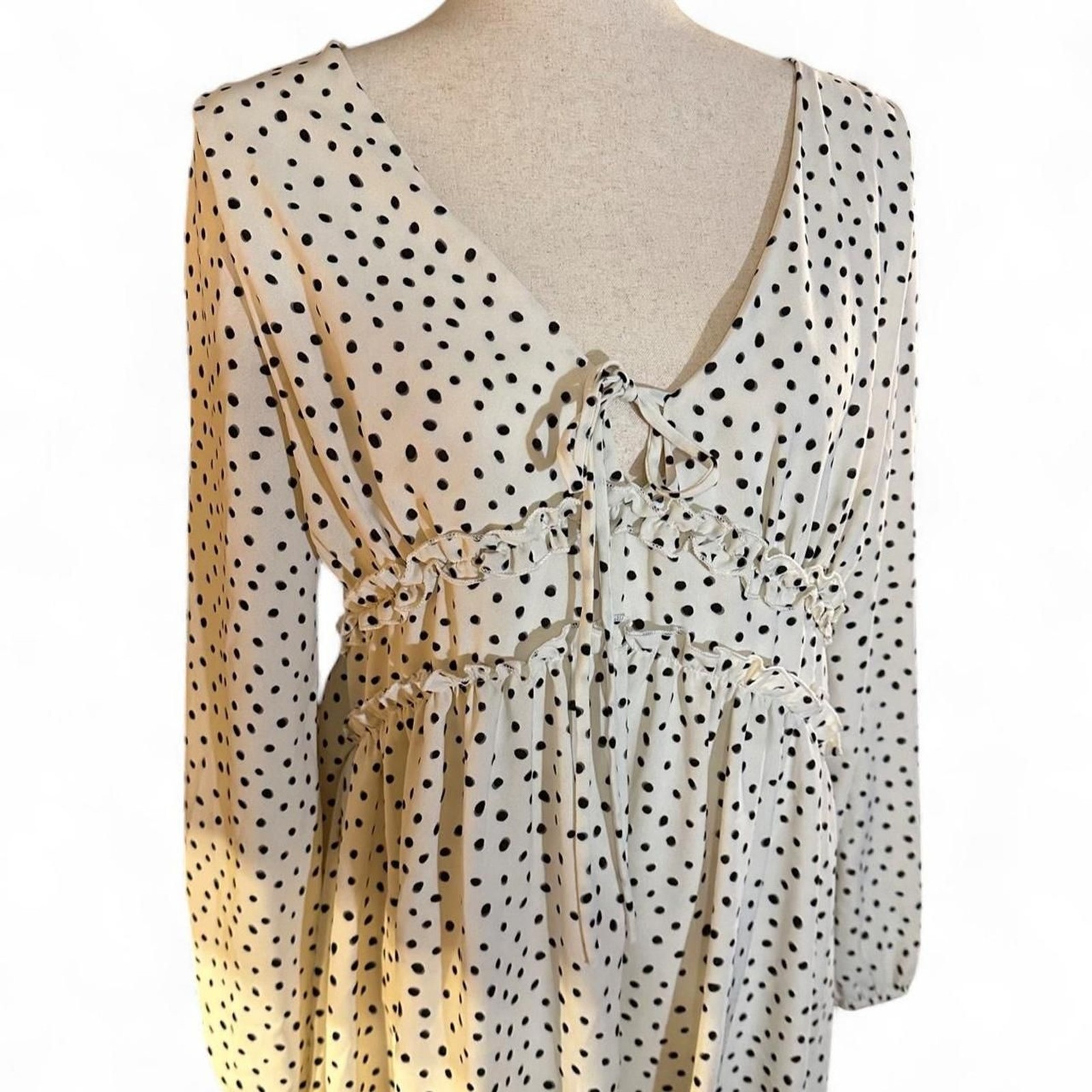 Altar’d State Creme and Black Polka Dot Mini Boho Peasant Dress