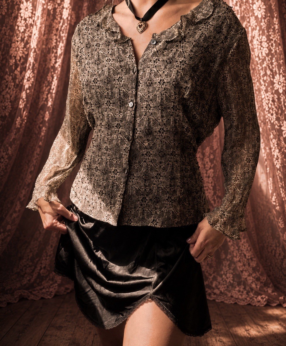 1990s black baroque silk blouse