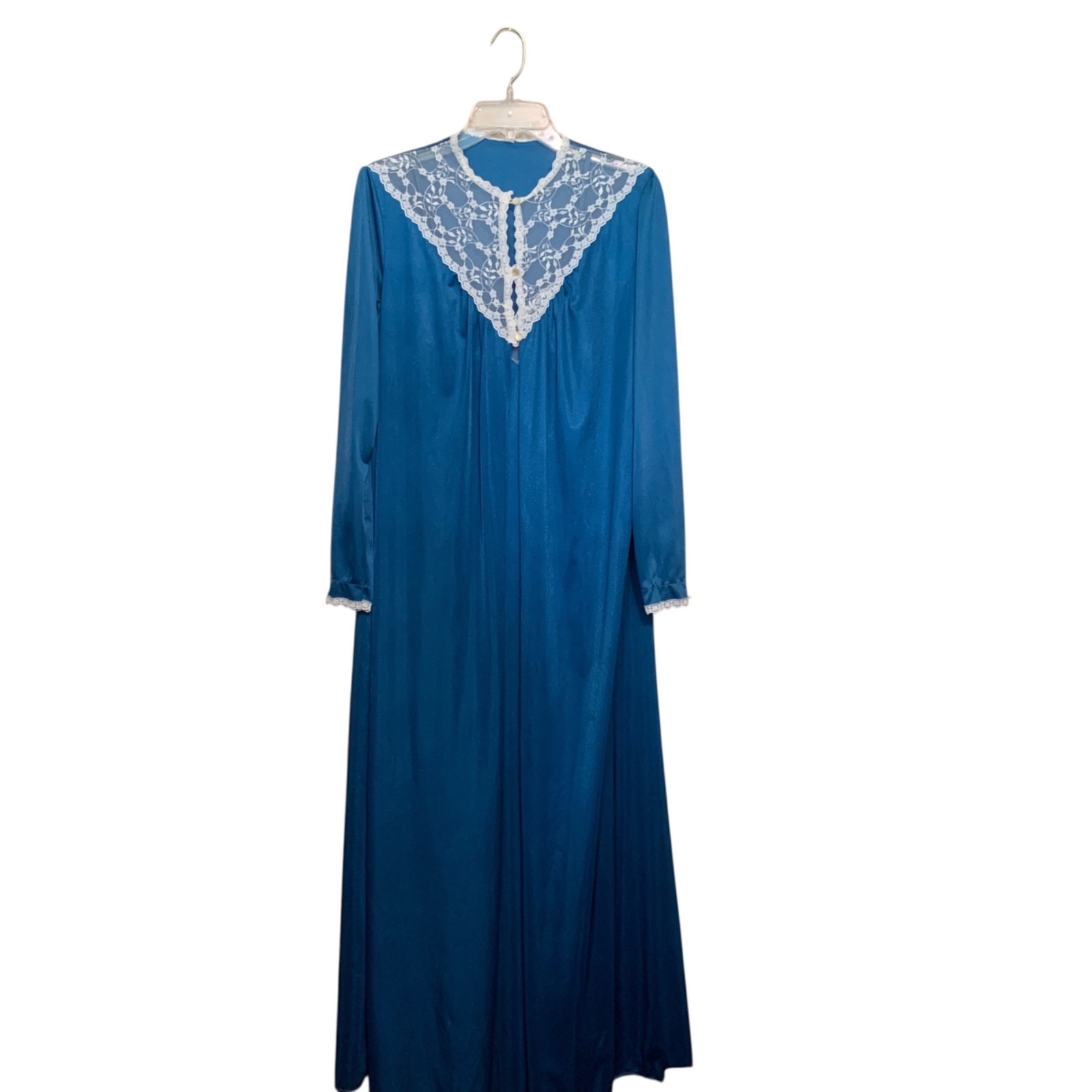 Vintage Stardust Long Teal Nightgown & Robe Set Lace Trim Modest 100% Nylon Sz M