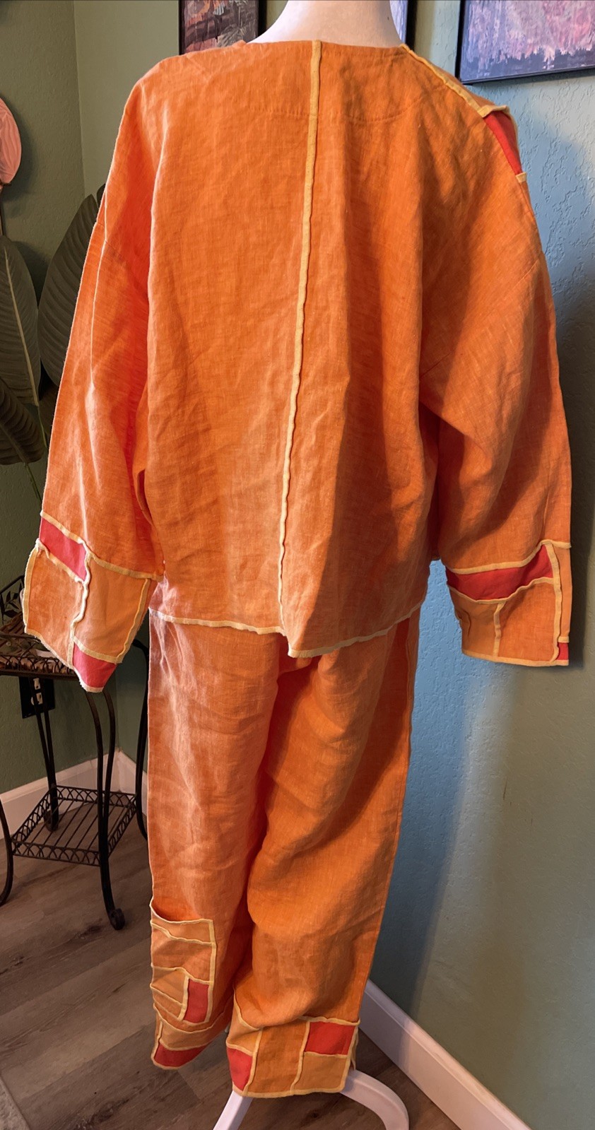 Jaskar Vintage BOHO Orange Patchwork Linen Long Sleeve 2 Pc Top Pants Set Medium