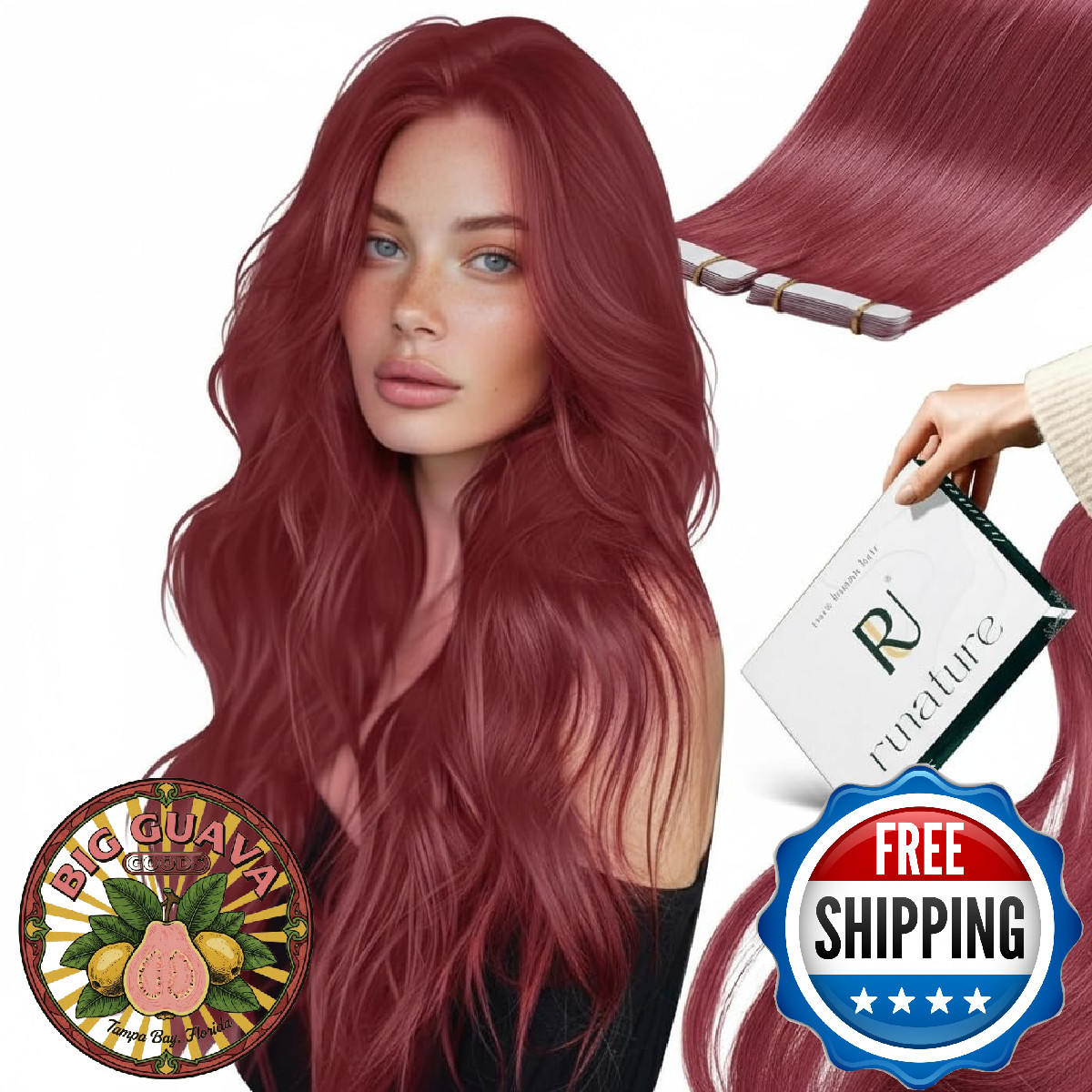 RUNATURE Burgundy Tape in Human Hair Extensions Remy Seamless Skin Weft