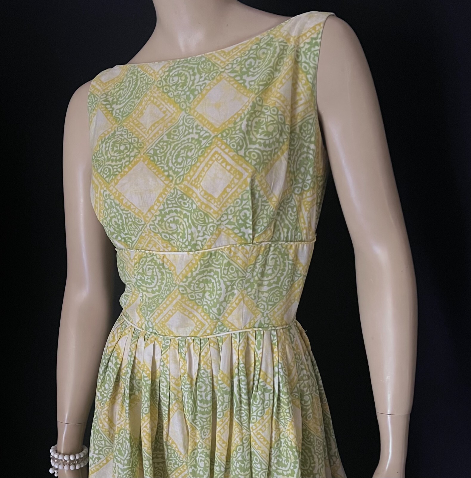 Darling 1950s Cotton Summer Frock, Yellow & Green Print, Petite, Small, VLV