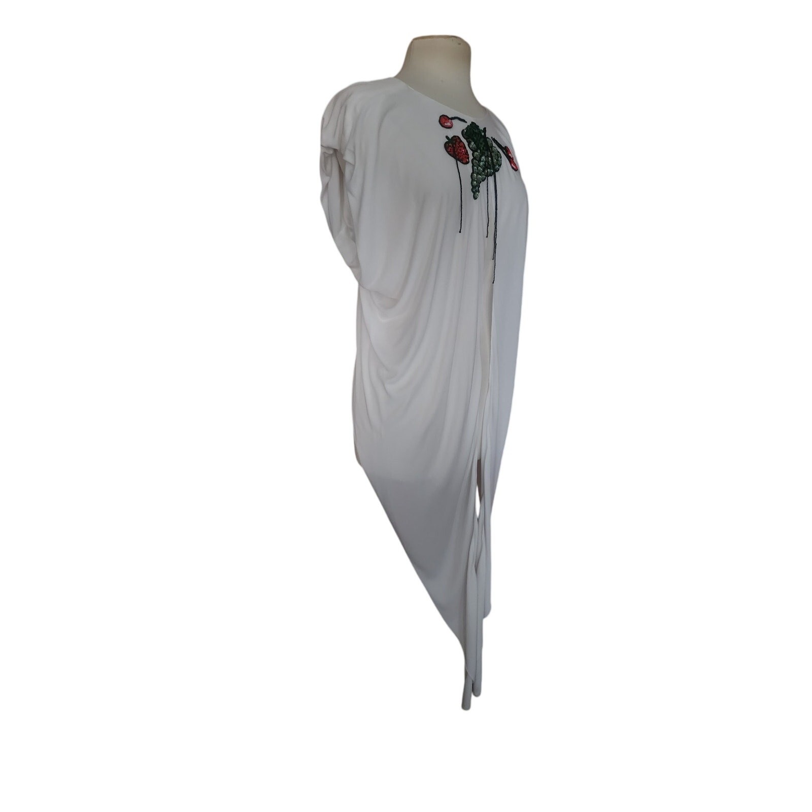 Vintage 1980s Holly Harp Top or Tunic Silk Jersey Fruit Sequins Beaded Fringe