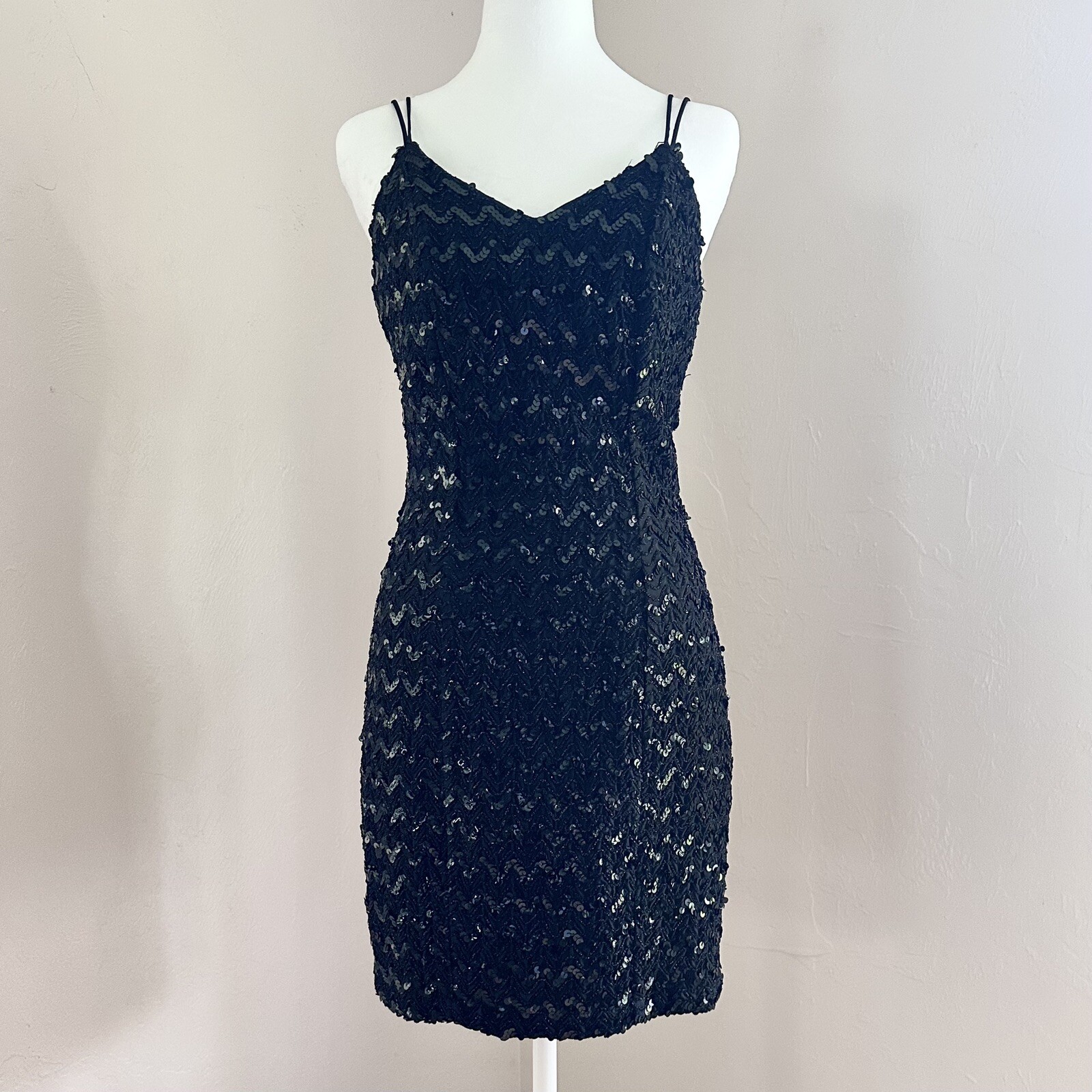 Vintage 1960s Low Back Sequin Black Mini Dress w/ Double Spaghetti Straps