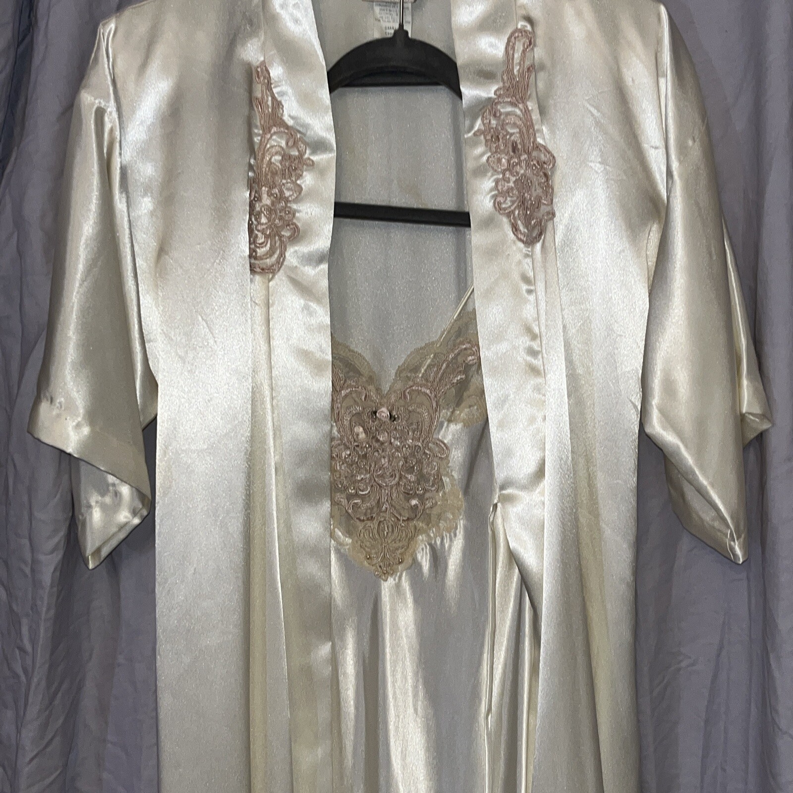 Vintage Expressions Sm Bridal Robe Gown PEIGNOIR SET Cream Sateen Lace Beading