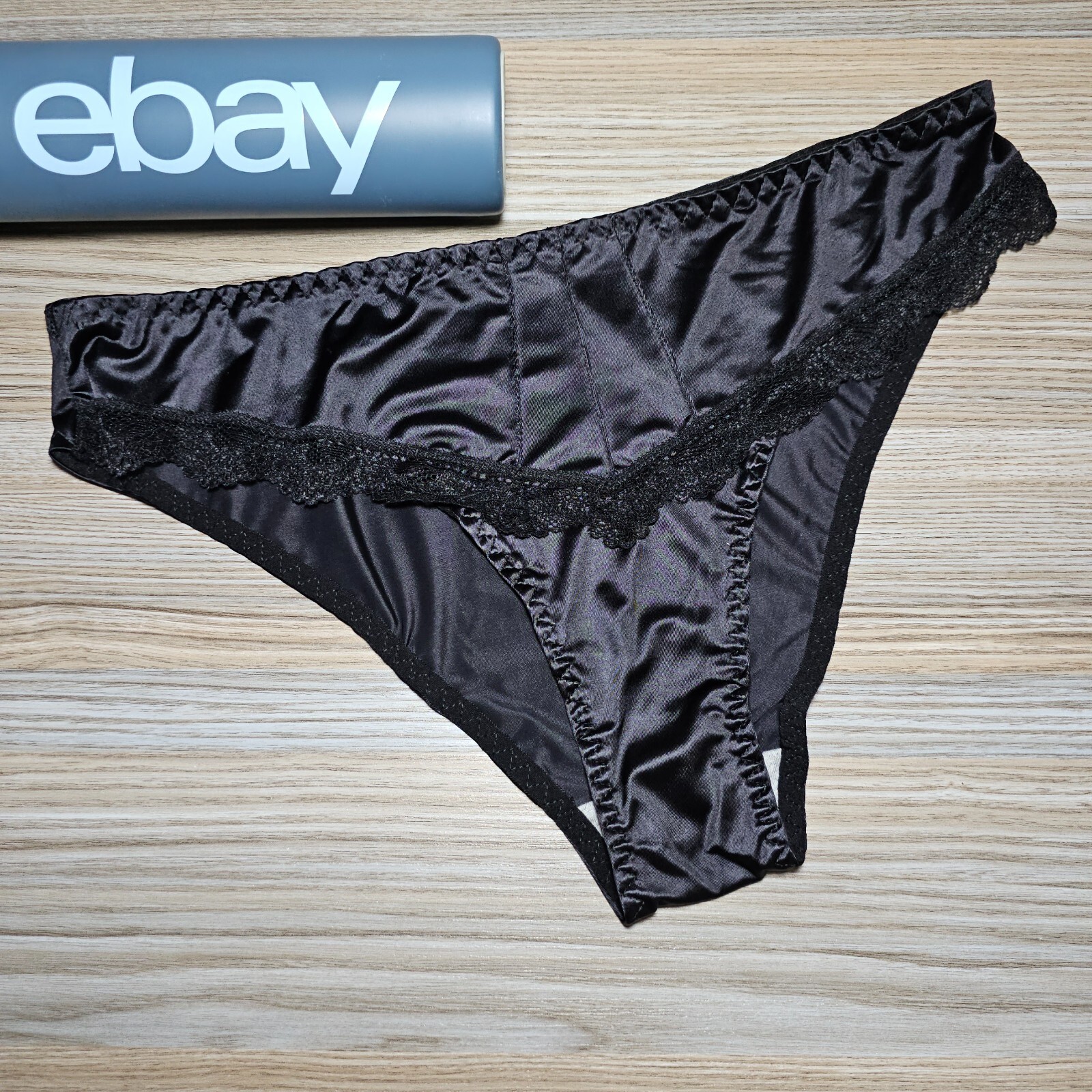 VTG Slippery Nylon Satin Panty Sissy Lace Glossy Black Brief Size 8 Hip 40-44″