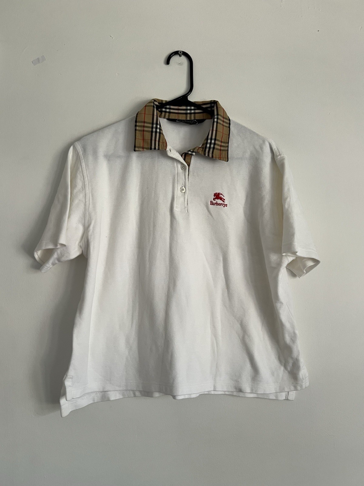 Vintage Burberrys USA Polo Shirt Womens Sz L Nova Check Placket White BOXY EUC