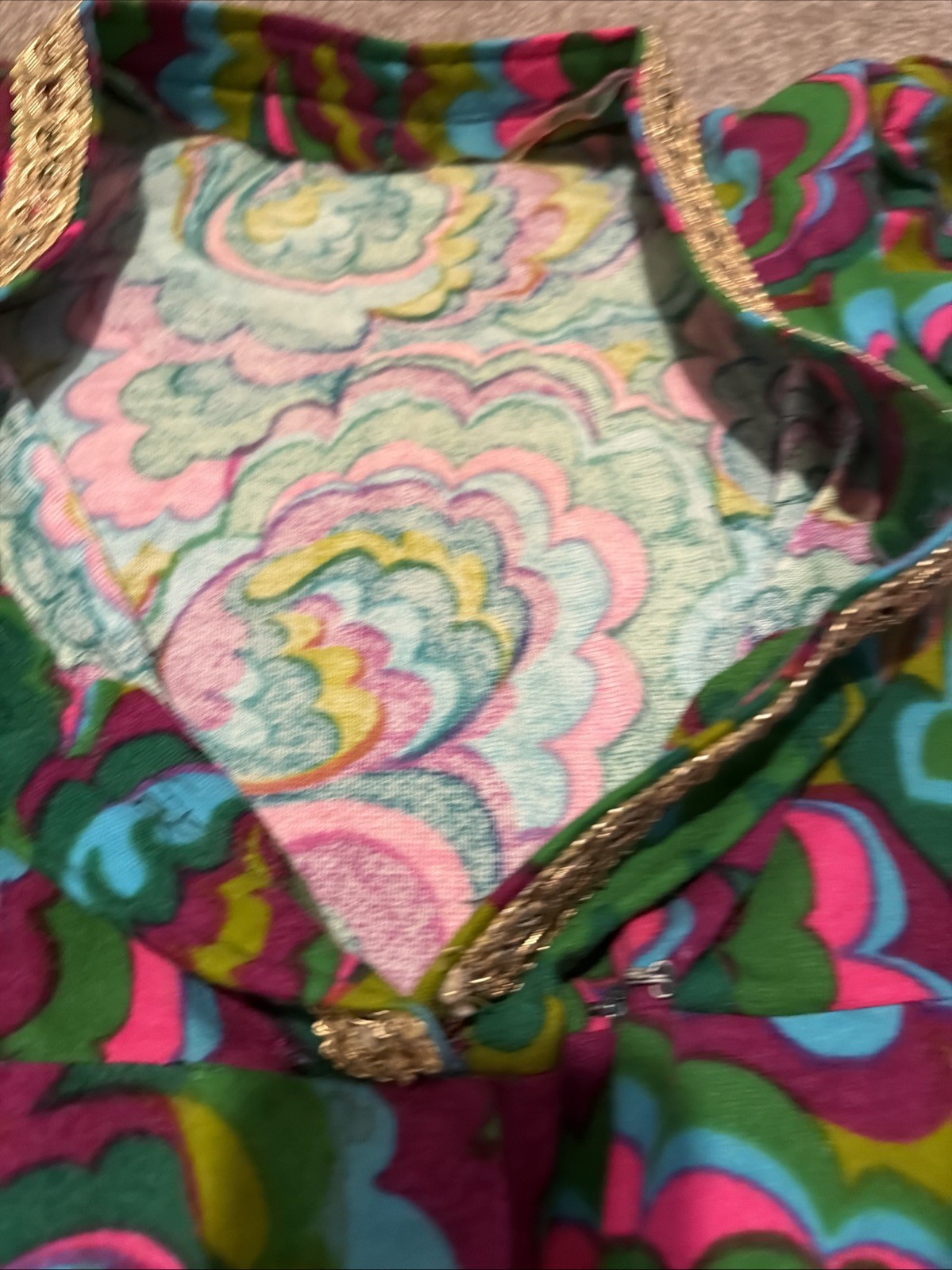 Vtg 60s 70s Psychedelic Hostess Maxi Dress Lined Front Slit Handmade Vogue 8154
