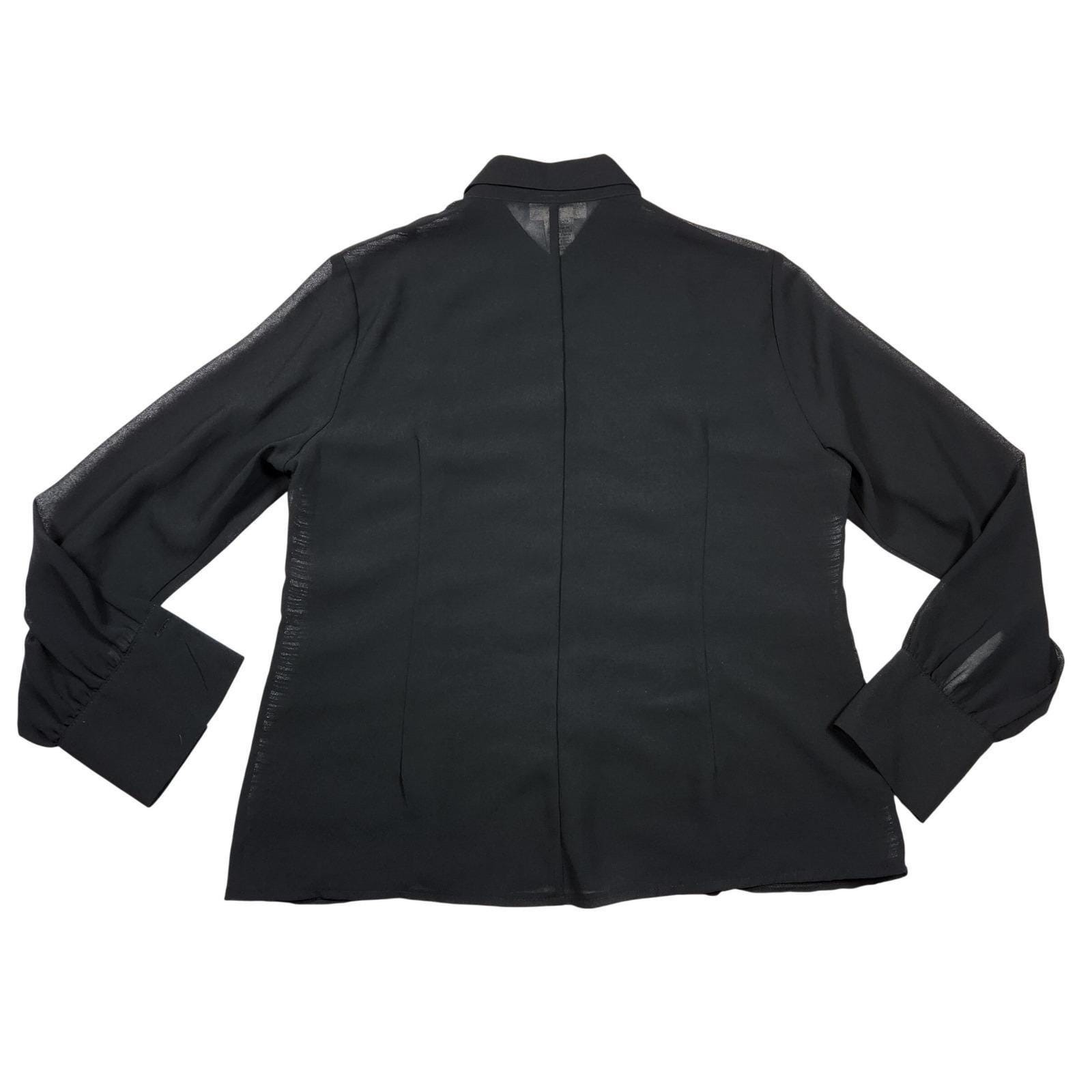 Vintage 90s Uniform John Richard Black Crinkle Button Down Blouse Sheer Sleeve L