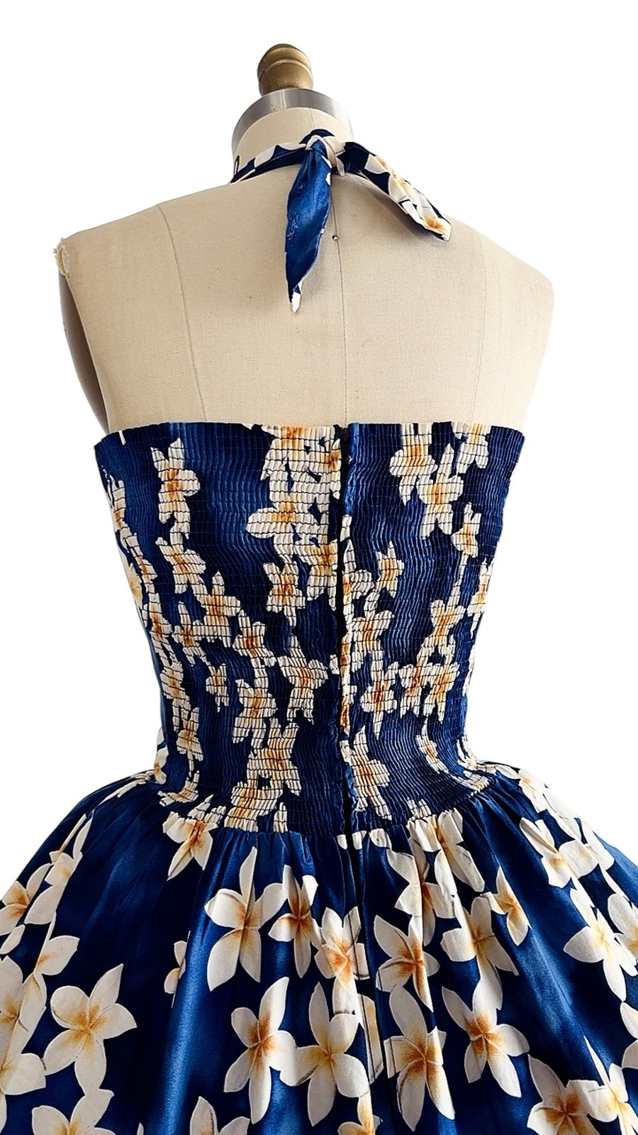 Vintage 1980s 1950s Style Blue Floral HAWAIIAN Pinup Dress Halter Top Sundress