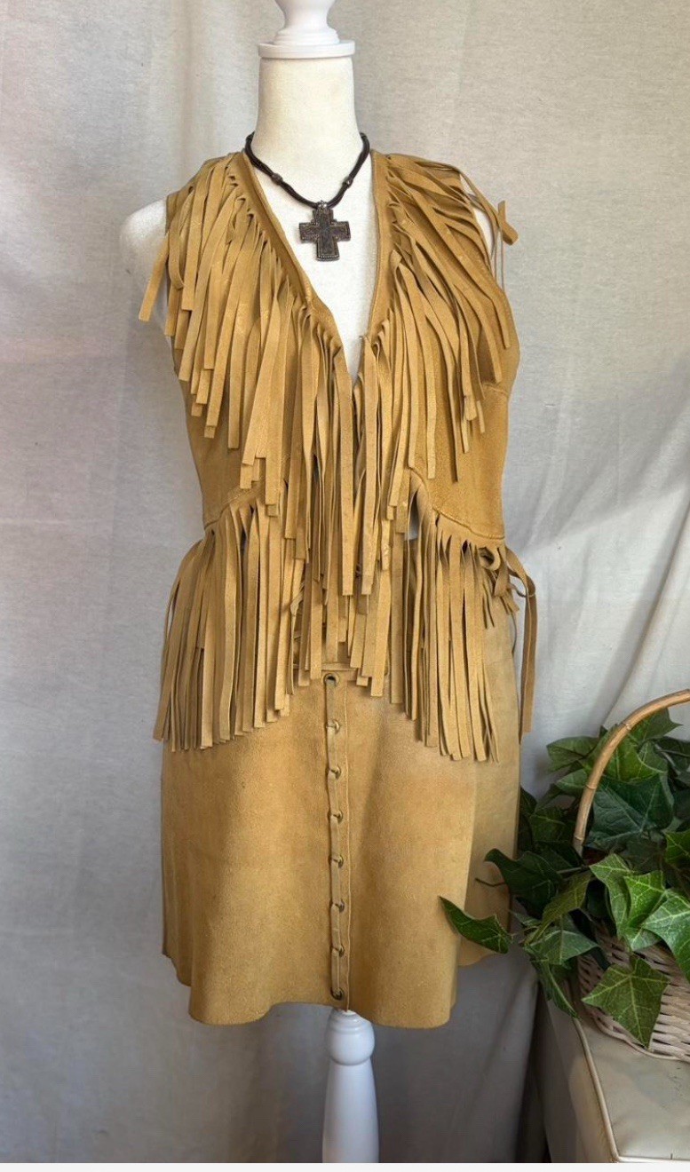 VTG Latigo West Suede Leather Tan Fringe Skirt Vest Set Western S