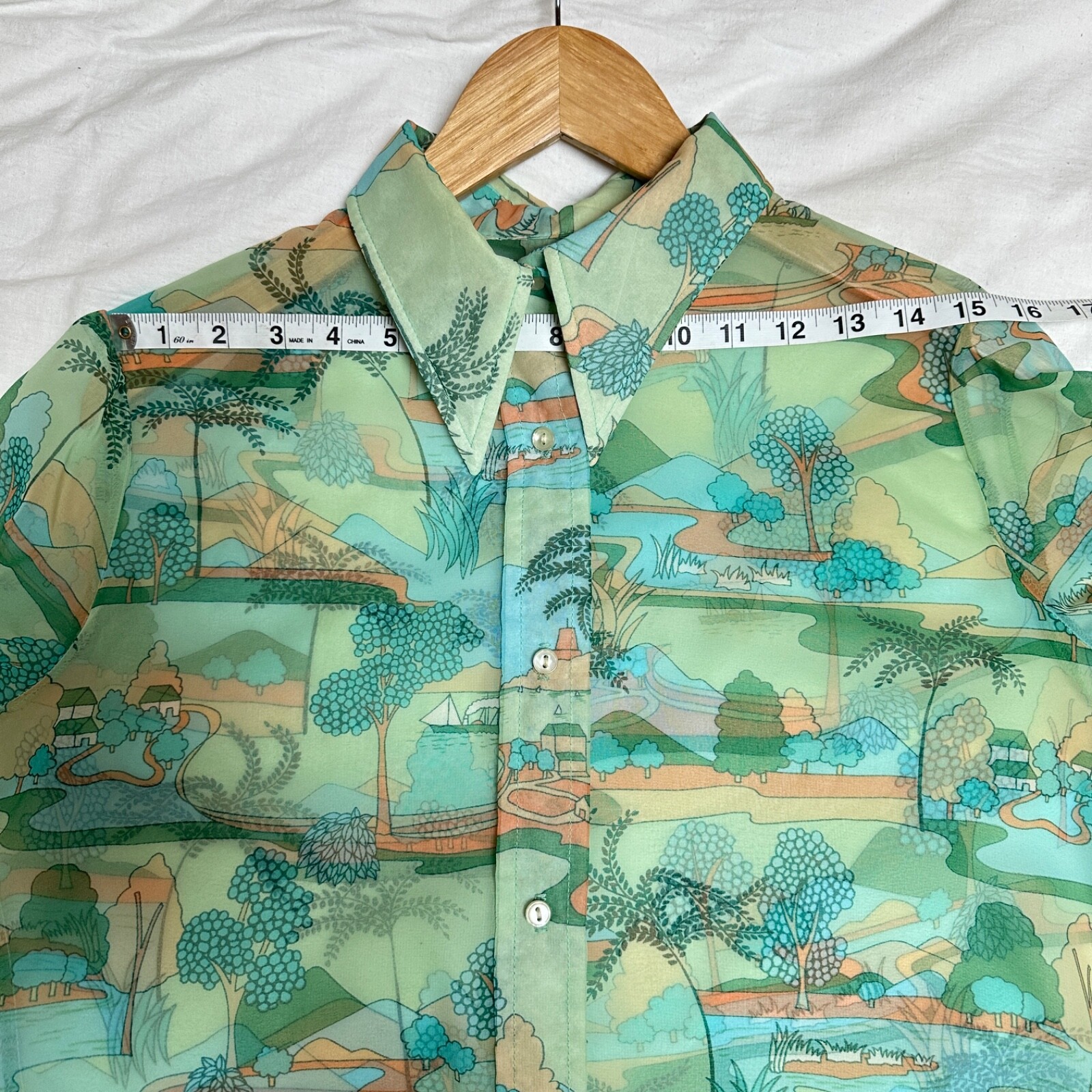 Sheer Button Down Shirt Aqua Dreamy Print Elegant Leisure Translucent Retro (M)
