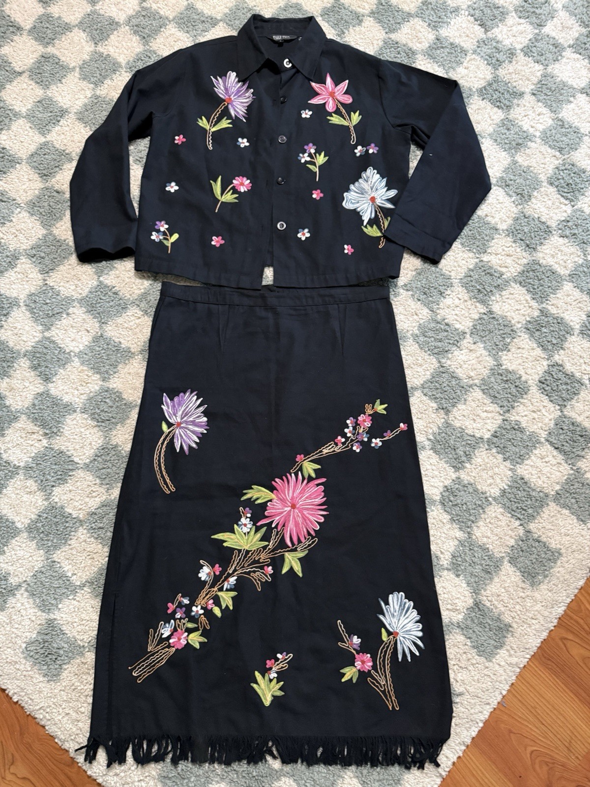 TAKE TWO 100% Cotton Vintage Floral Embroidered Black Jacket and Skirt Set Large