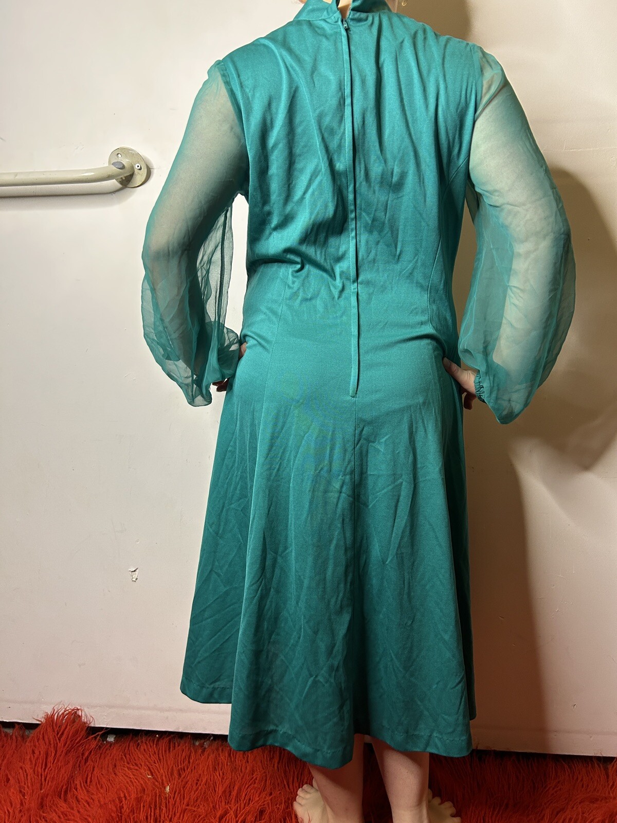 Vintage 1980s does 70s Teal Midi Caftan Dress Chiffon Sleeves Prairie Boho AU 14