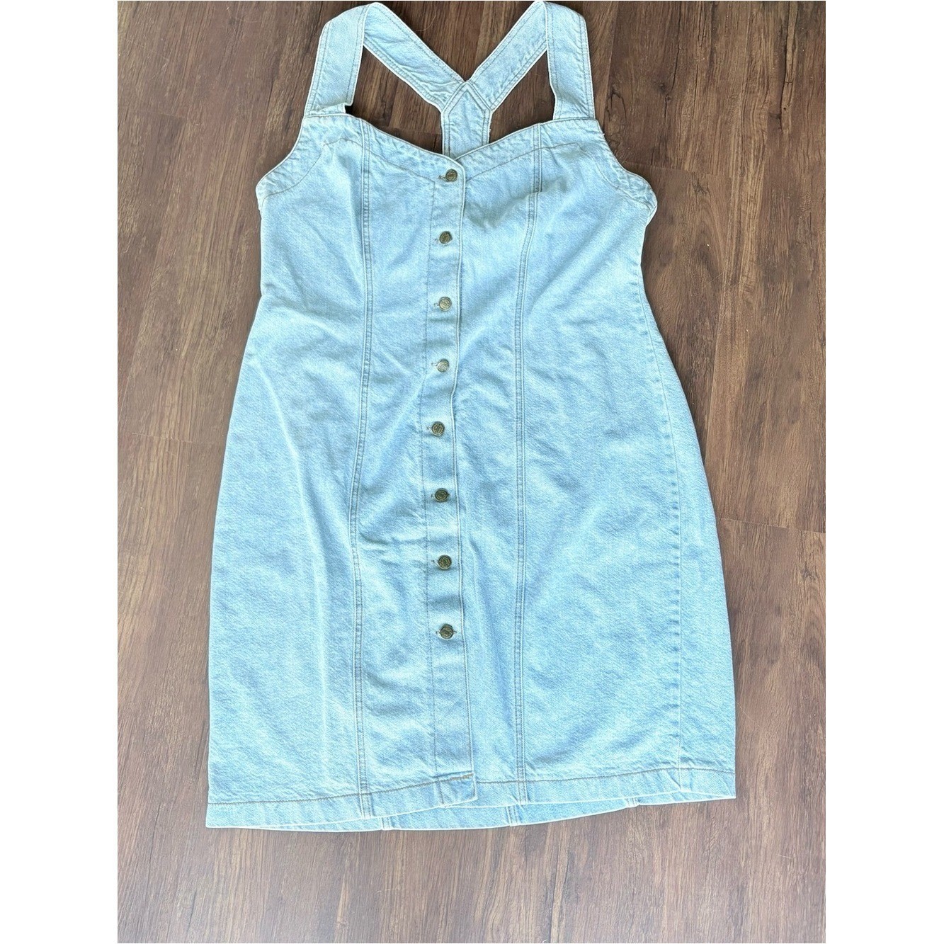 Vintage 90s Boardwalk Denim Dress Button Front Cross Back Light Wash Size 10 USA