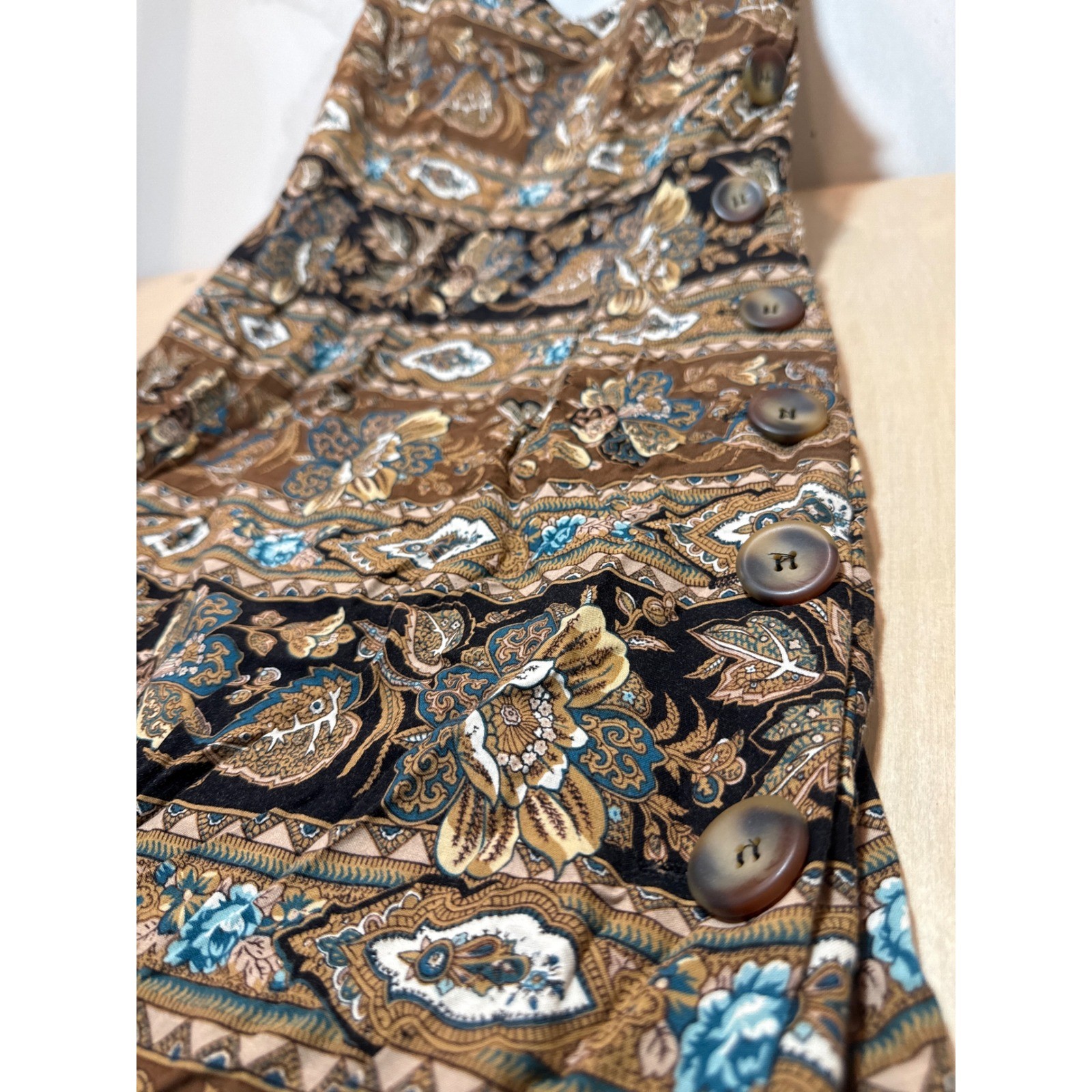 Vintage Santa Fe Women Brown Paisley Floral Side Button Rayon Sheath Dress 4 USA