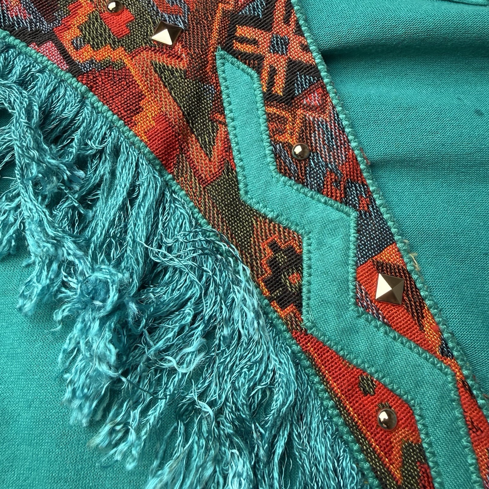 Vintage 80’s USA Joanie W Southwestern Fringe Turquoise Cowgirl Studded L Shirt
