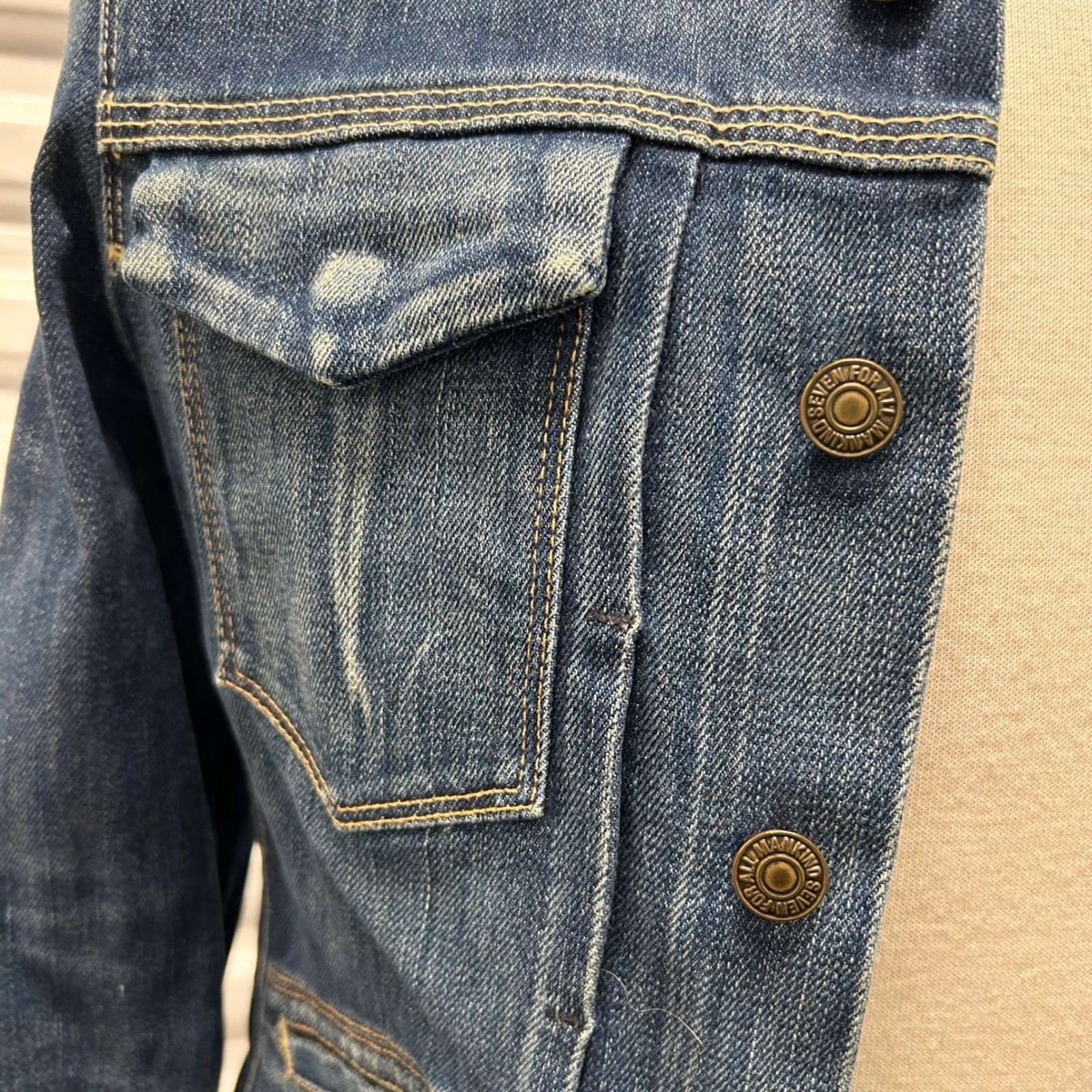 Vintage USA made 7 For All Mankind Denim Trucker Jacket Medium Wash Cinch