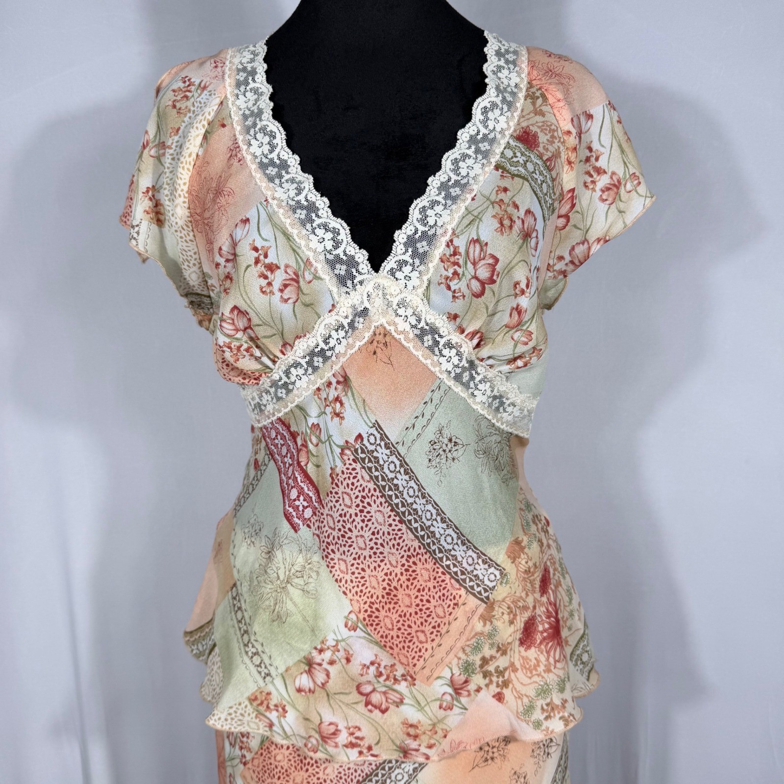 Vtg Y2K La Belle Floral Patchwork 2 Pc Set S/M Peplum Top Midi Skirt Pink Lace