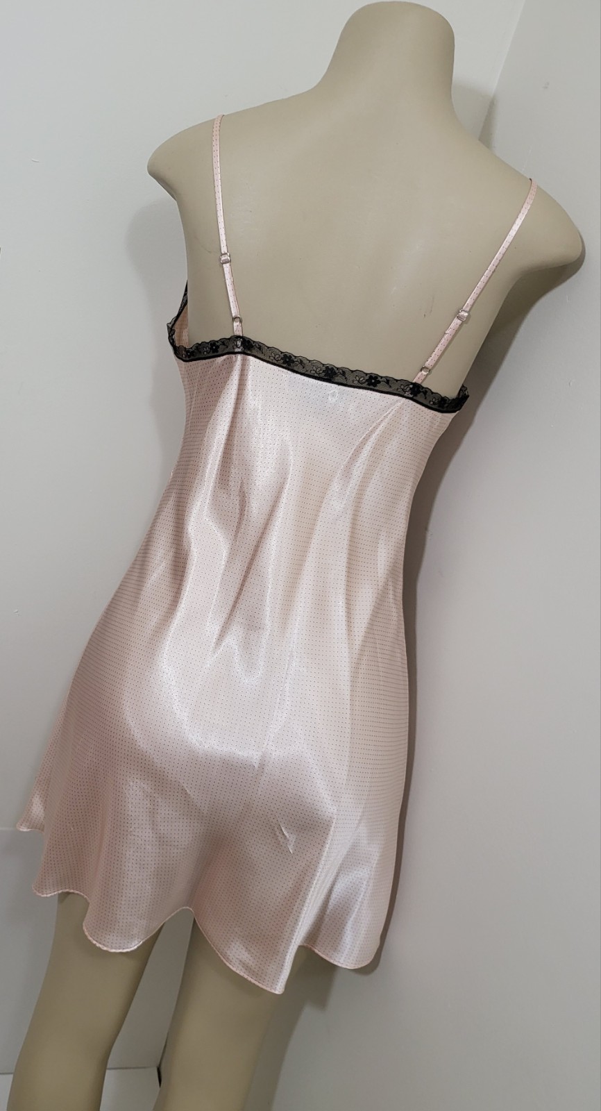 VTG Jones New York Babydoll Dress Cami Pink Satin Lingerie Black Lace Trim Sz S