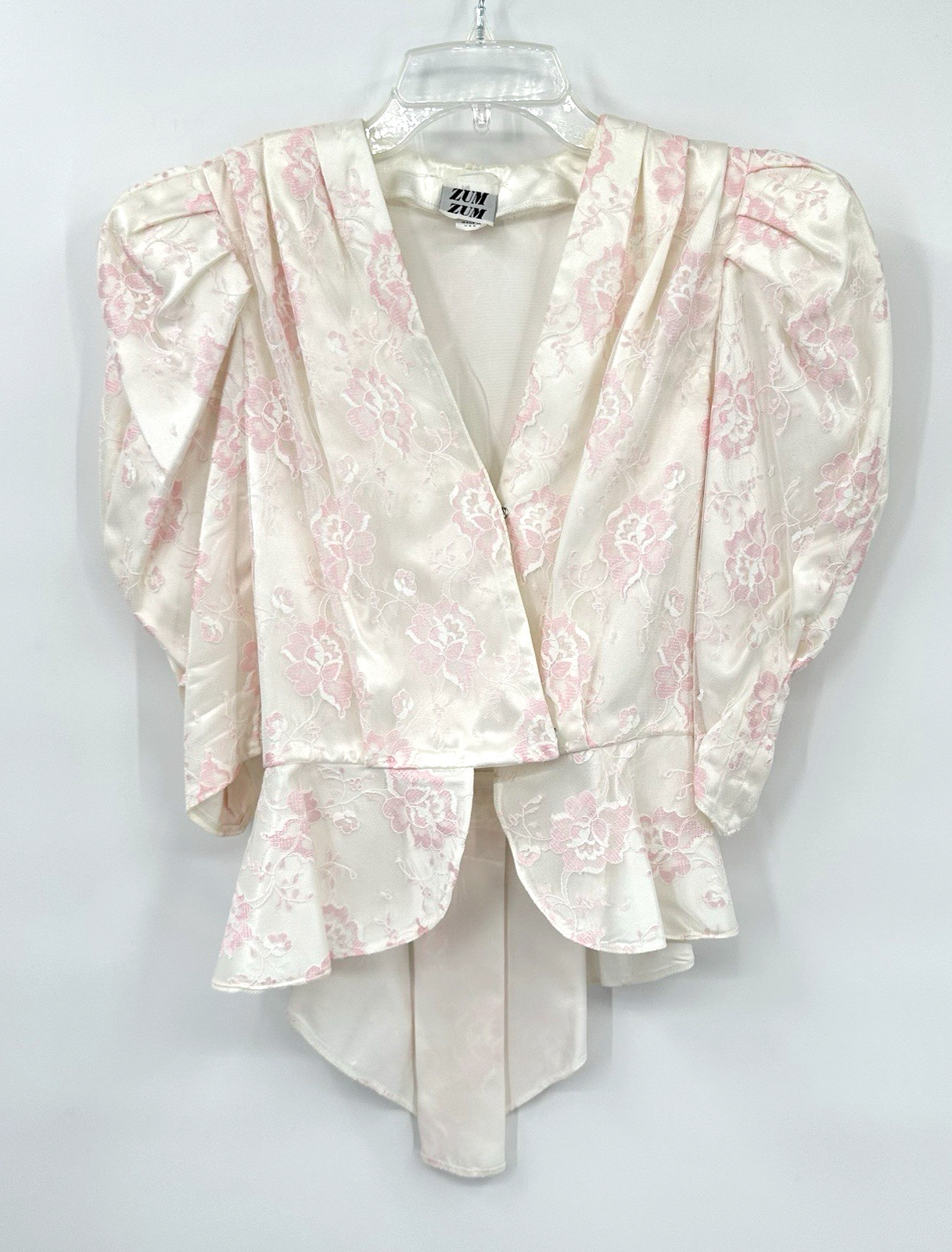 vintage 80s COQUETTE FLORAL BLOUSE XS victorian puff shoulders pink peplum retro