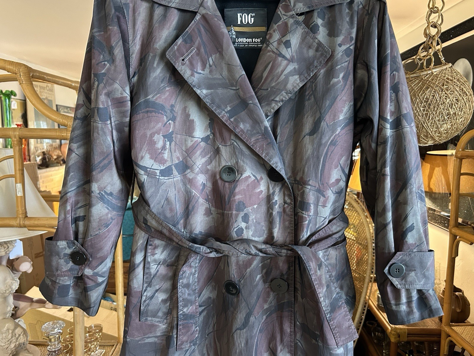 Vintage 90s London Fog Women’s 6 Abstract City Camouflage Trench Coat Wool Lined