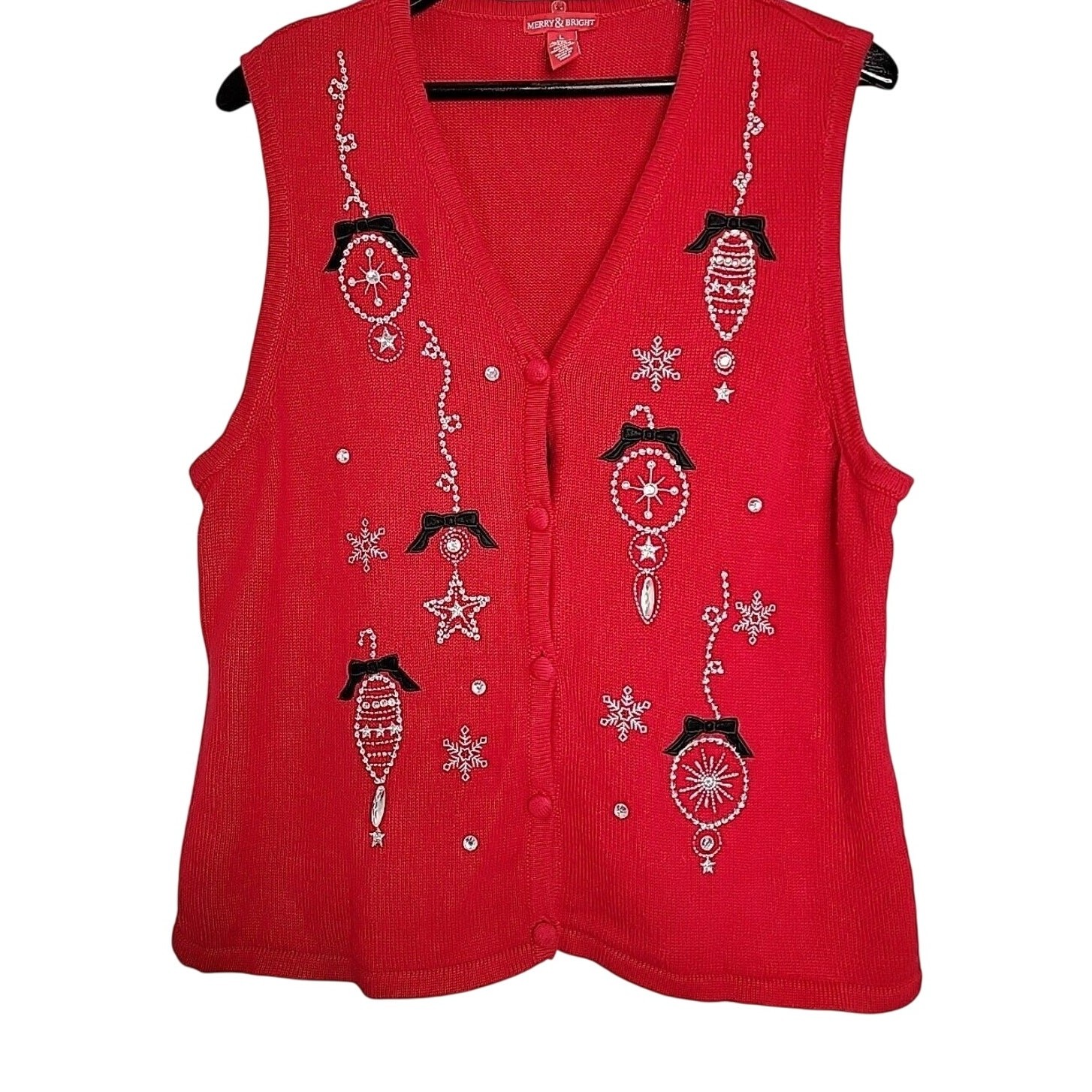 Merry & Bright Sequin Rhinestone Ornaments Christmas Holiday Sweater Vest Sz L