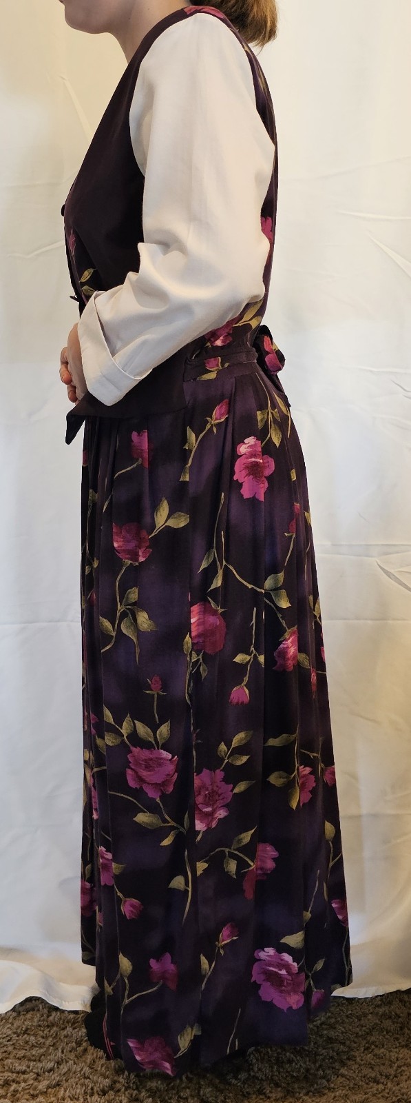 VTG Just In Thyme Dress Purple Rose 80s 90s Tie Waist Vest Size 14 WHIMSIGOTH