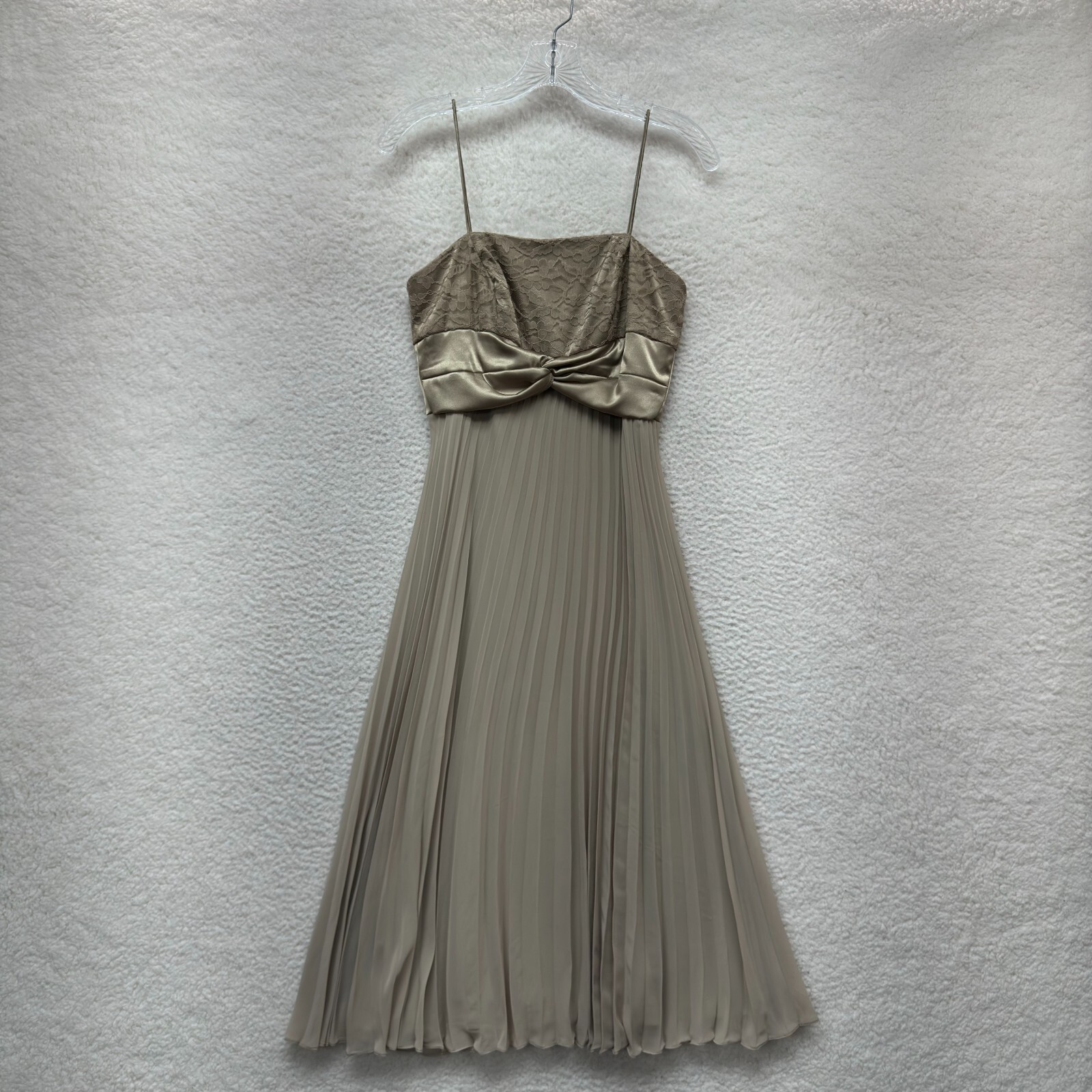 90s Y2K Vintage Evening Formal Dress 6 Medium Tan Beige Taupe Satin Lace Mesh