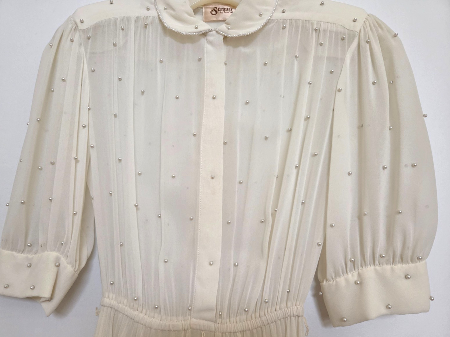 Vintage Bonnie Strauss Sheer Off White Peal Embellished Dress