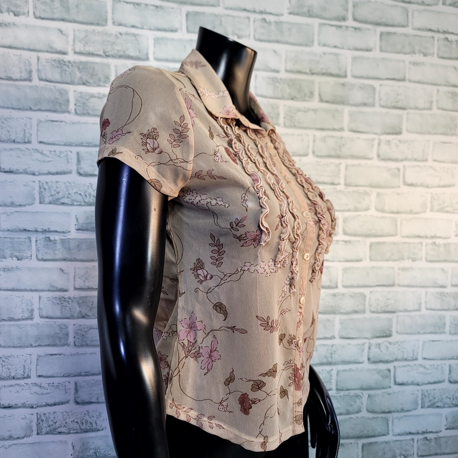 Vintage 90s Y2K The Limited Sheer Tan Pink Floral Ruffle Pintucked Button Front