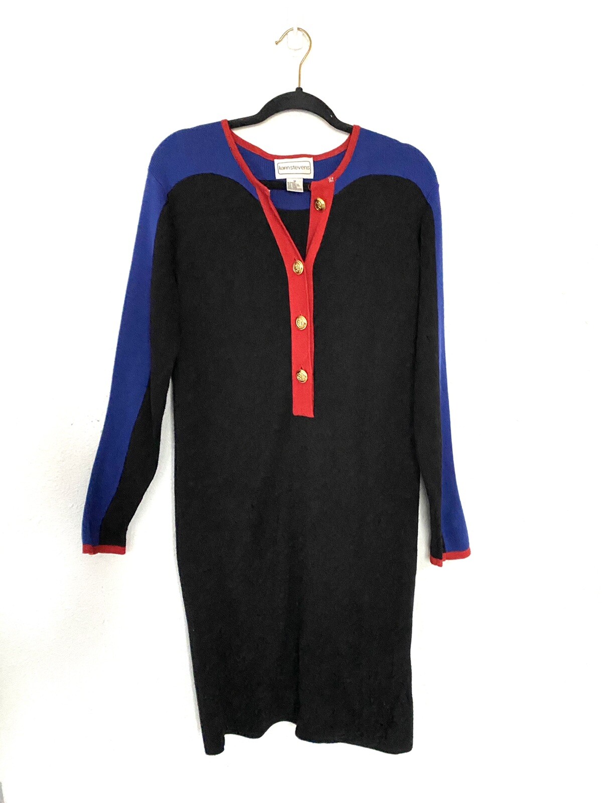 Vintage Wool Blend Black Blue Colorblock Sheath Sweater Dress Karin Stevens M