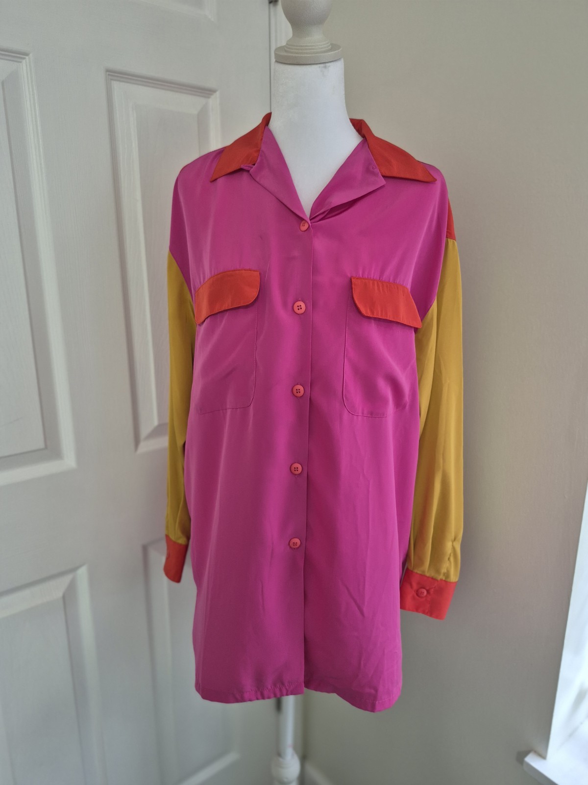 Vintage 80s Diane Von Furstenberg Colorblock Shirt Top Pink Red Yellow Sz 10 M