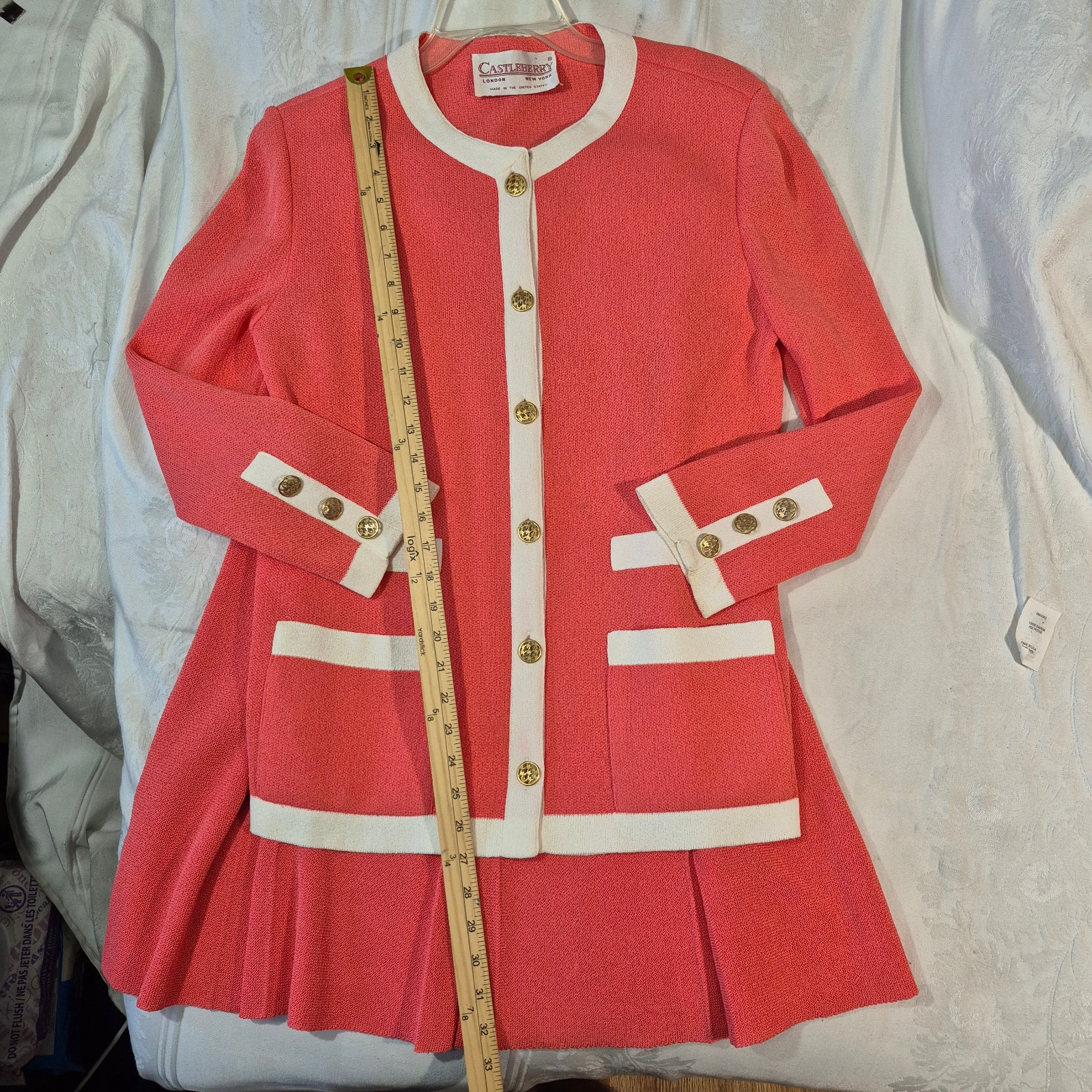 Vtg Castleberry Knit Skirt Suit Set 14 Pink Coral 80s Style Gold Tone Buttons