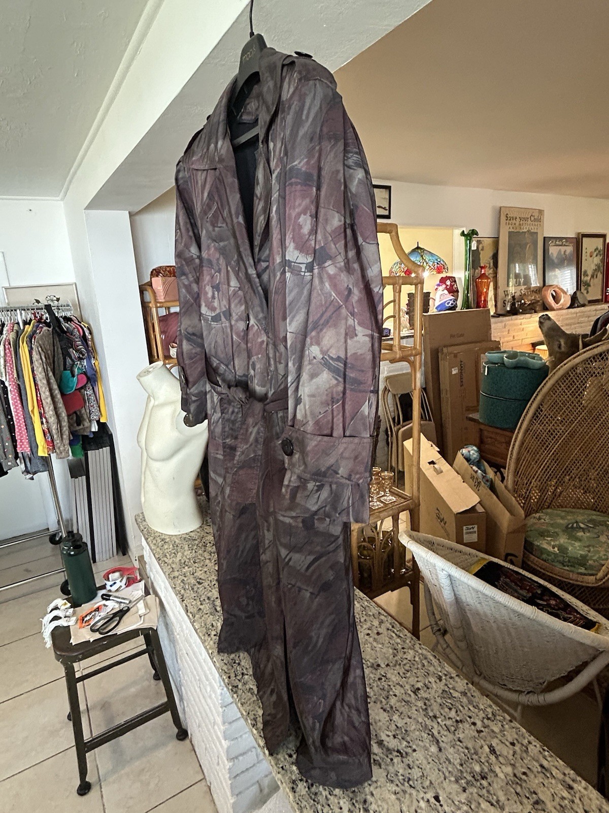 Vintage 90s London Fog Women’s 6 Abstract City Camouflage Trench Coat Wool Lined