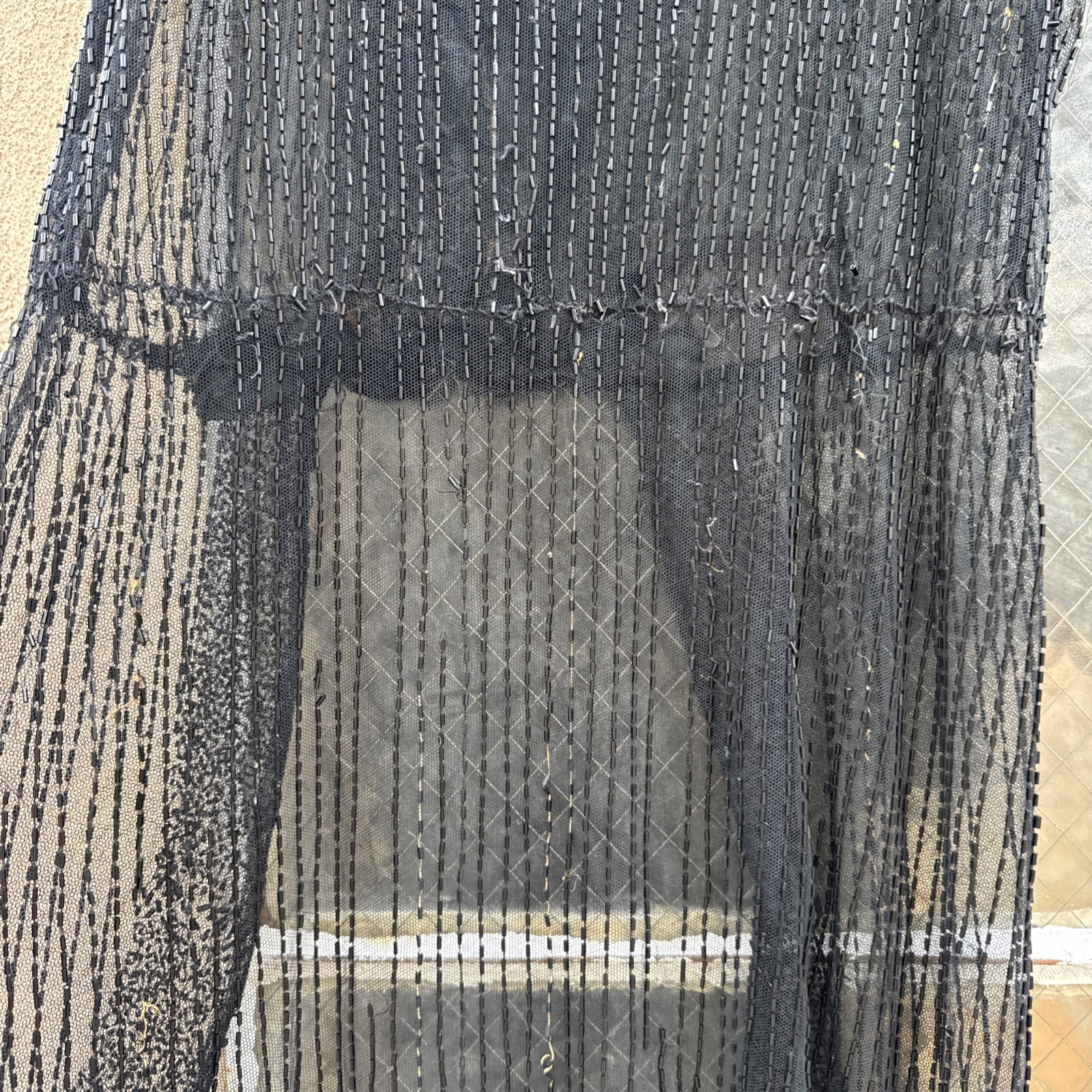 Antique 1920s Black Net Heavily Beaded Dress Train Short in Front Floral Vintage