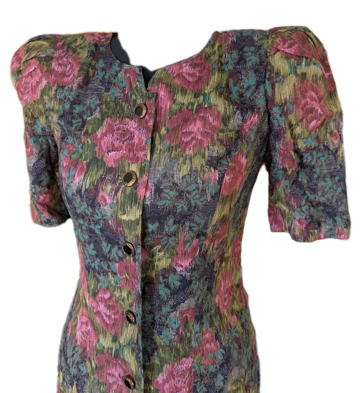 Vintage 80s Floral Button Down Dress W/ Puff Sleeves And Bow On Back Size 2