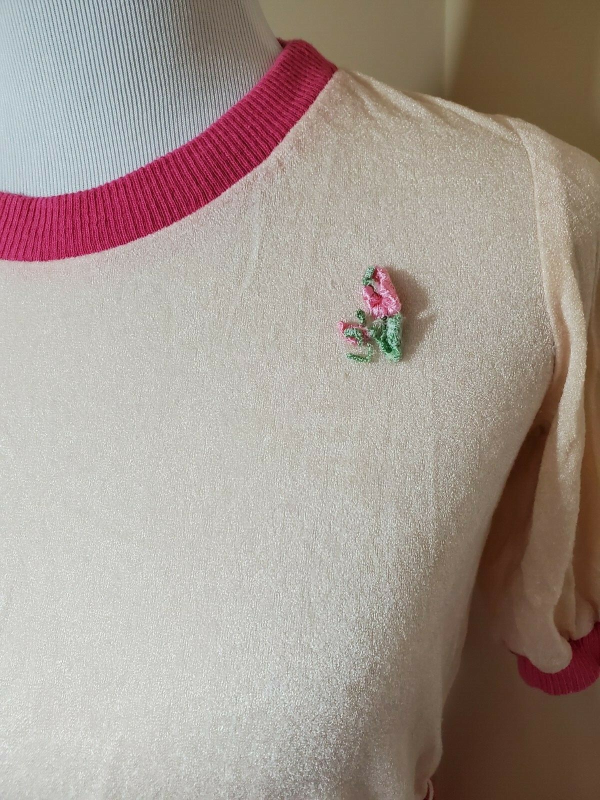 Small Vintage 70s 80s Dress Velvet Like Flower Pink Off White Ivory Cream