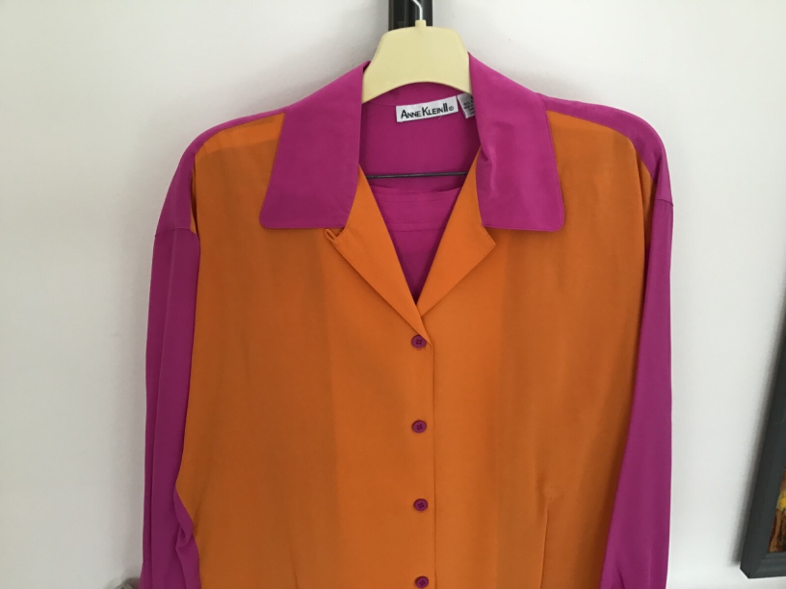 Vtg ANNE KLEIN II Silk Blouse Size 6 Skirt Size – 8 Hot Pink Orange Color Block