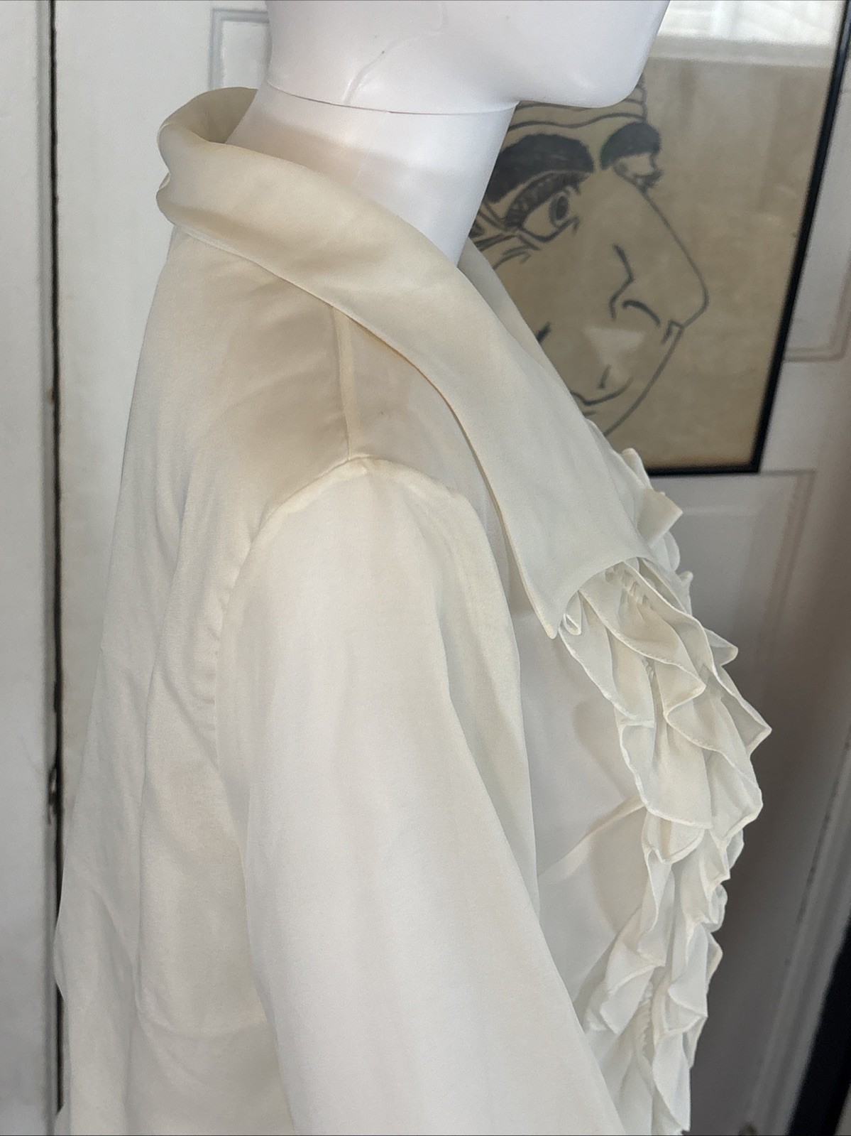 VTG 70s Women’s White Cropped Ruffle Shirt ALADDIN 36/16 Longsleeve Button Sheer