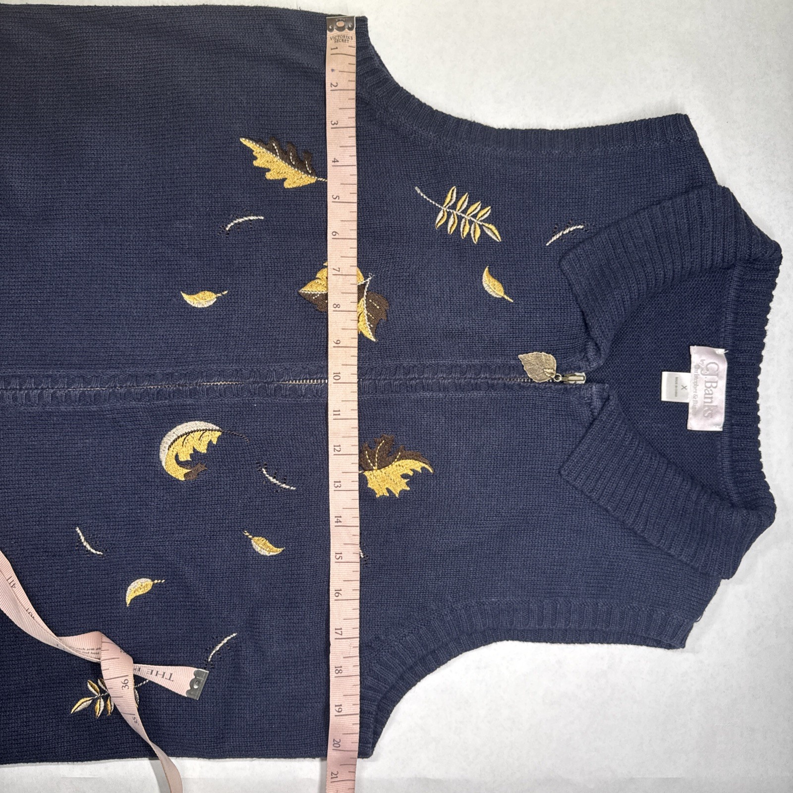 C.J. Banks Leaf Embroidered Zip Vest Blue Nature Cottagecore Size X Cotton Ramie