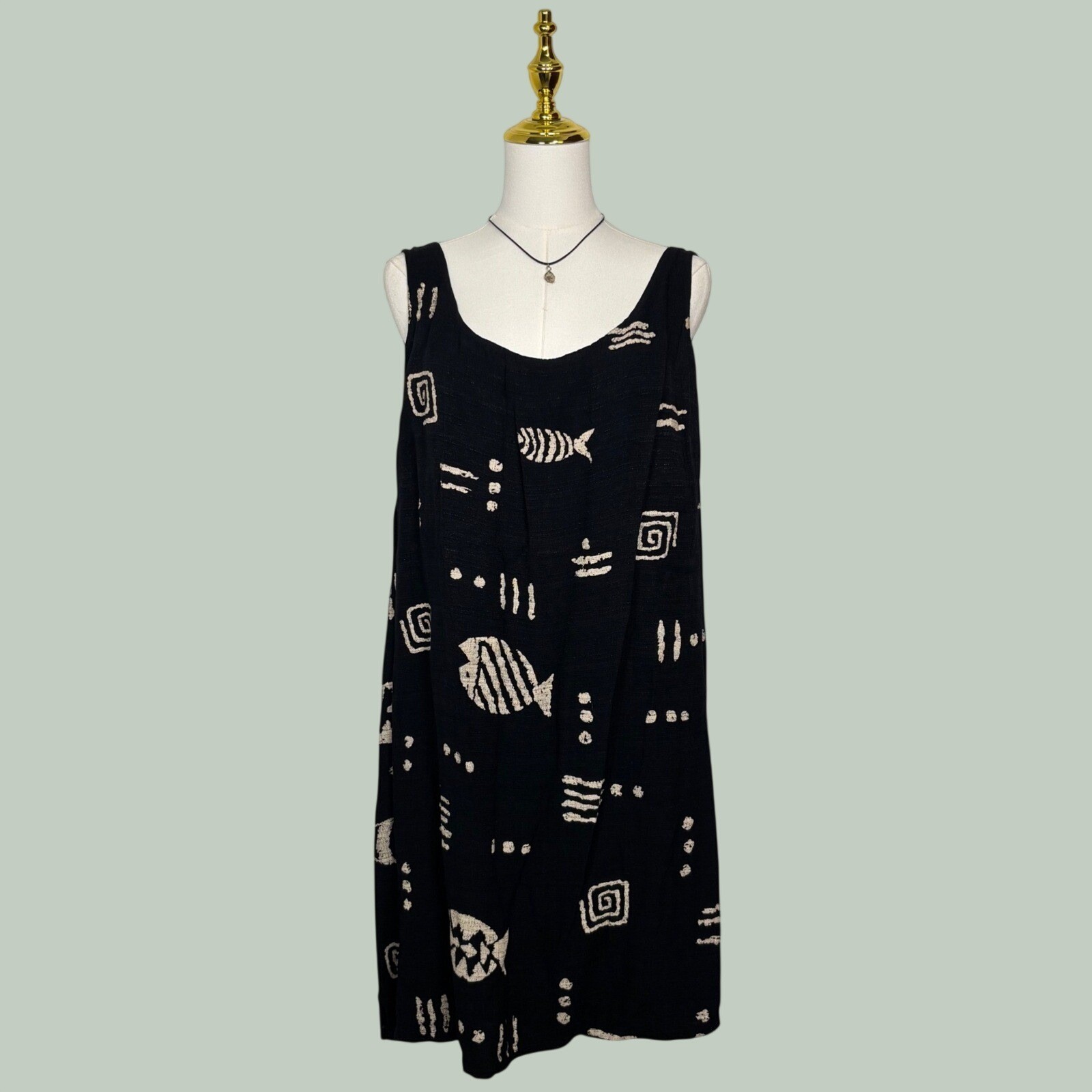vintage 90s m.mac black & cream boho dress abstract fish beach indie artsy goth