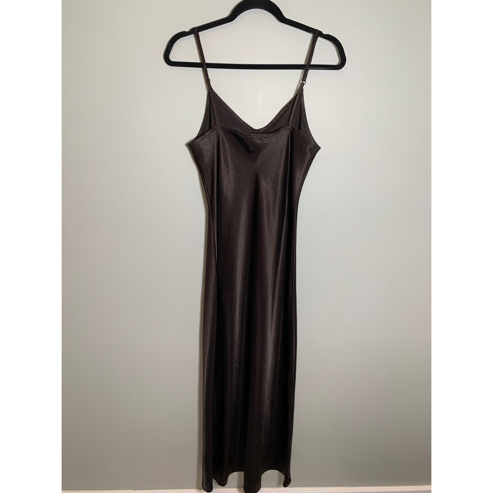 Vintage Express Y2K Slip Dress 9/10 Brown Satin Spaghetti Strap V-Neck Midi