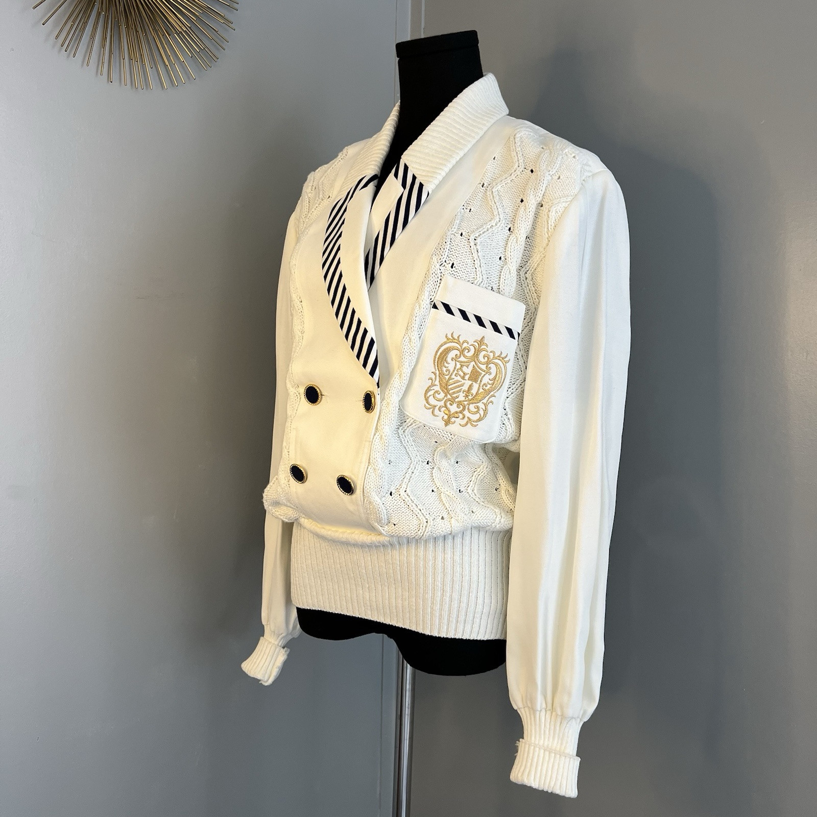 Vintage SideEffects White & Navy Cable Knit Sweater Embroidered Crest L Nautical