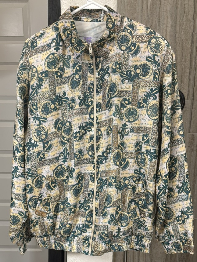NWT Oleg Cassini Vintage Green Tan Full Zip Silk Jacket Size Large