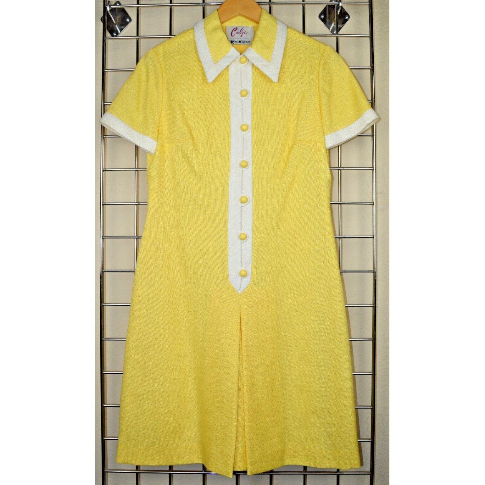 Vintage Midi Dress Carlye Size S/M 50s Sunny Yellow Linen White Trim Lined